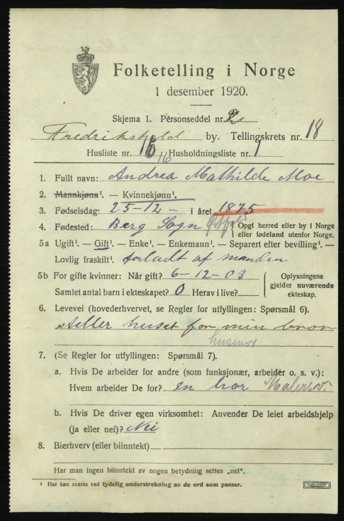 SAO, 1920 census for Fredrikshald, 1920, p. 27457