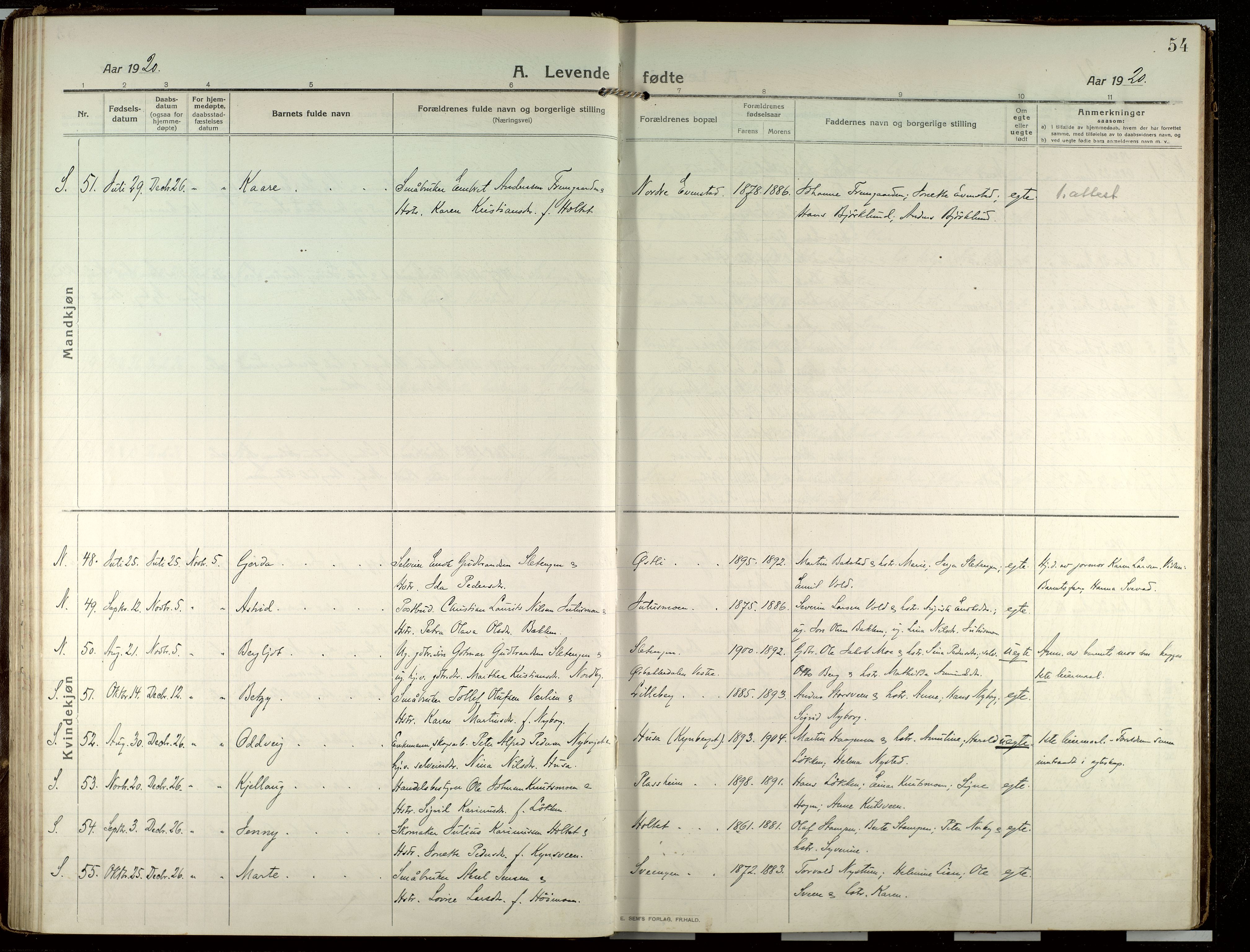 Elverum prestekontor, AV/SAH-PREST-044/H/Ha/Haa/L0022: Parish register (official) no. 22, 1913-1924, p. 54