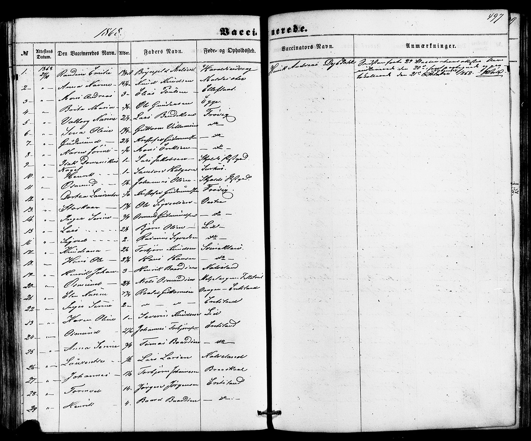 Skjold sokneprestkontor, AV/SAST-A-101847/H/Ha/Haa/L0008: Parish register (official) no. A 8, 1856-1882, p. 497