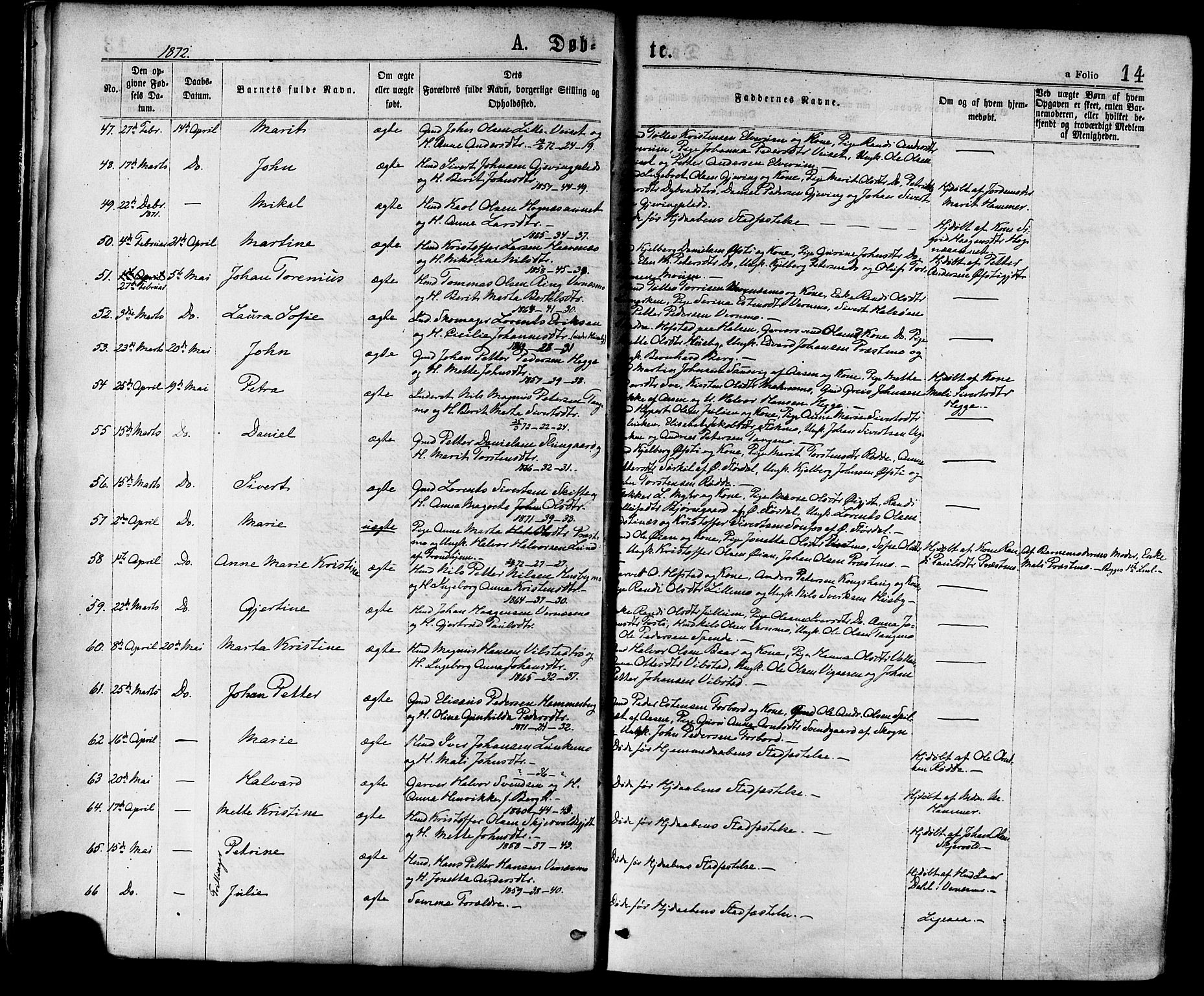 Ministerialprotokoller, klokkerbøker og fødselsregistre - Nord-Trøndelag, AV/SAT-A-1458/709/L0076: Parish register (official) no. 709A16, 1871-1879, p. 14