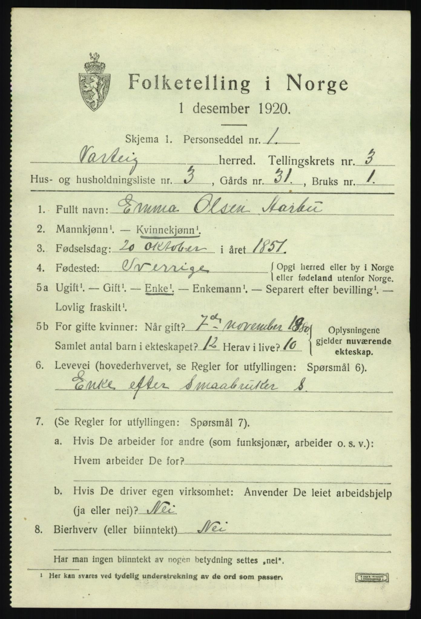 SAO, 1920 census for Varteig, 1920, p. 1957