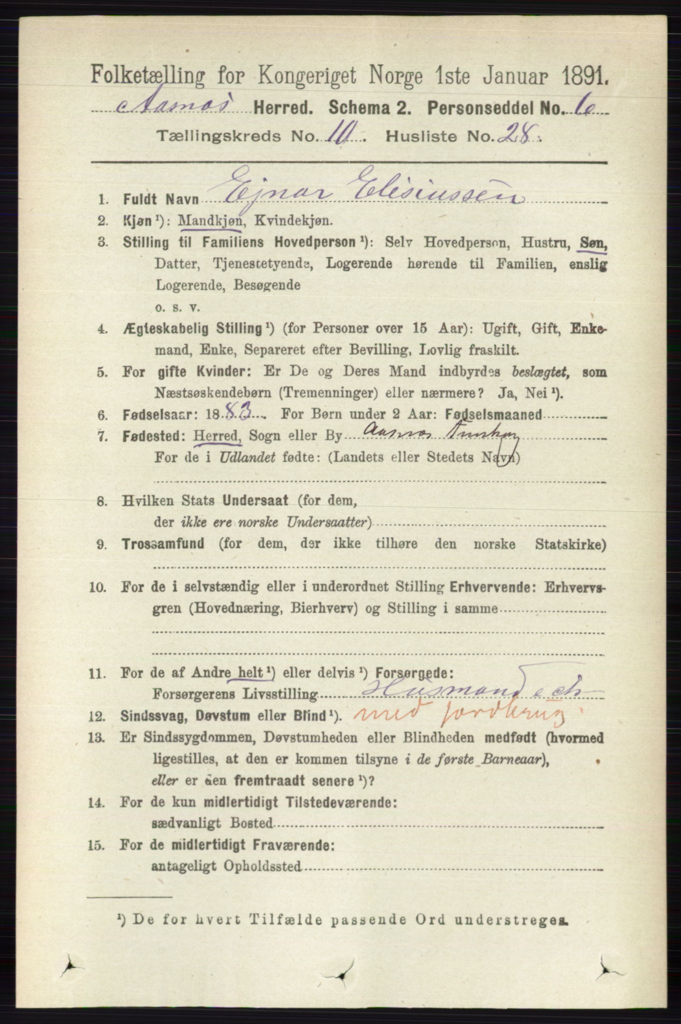 RA, 1891 census for 0425 Åsnes, 1891, p. 5209