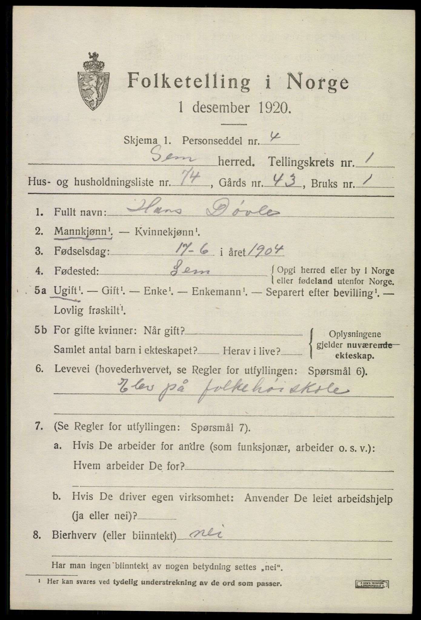 SAKO, 1920 census for Sem, 1920, p. 3565