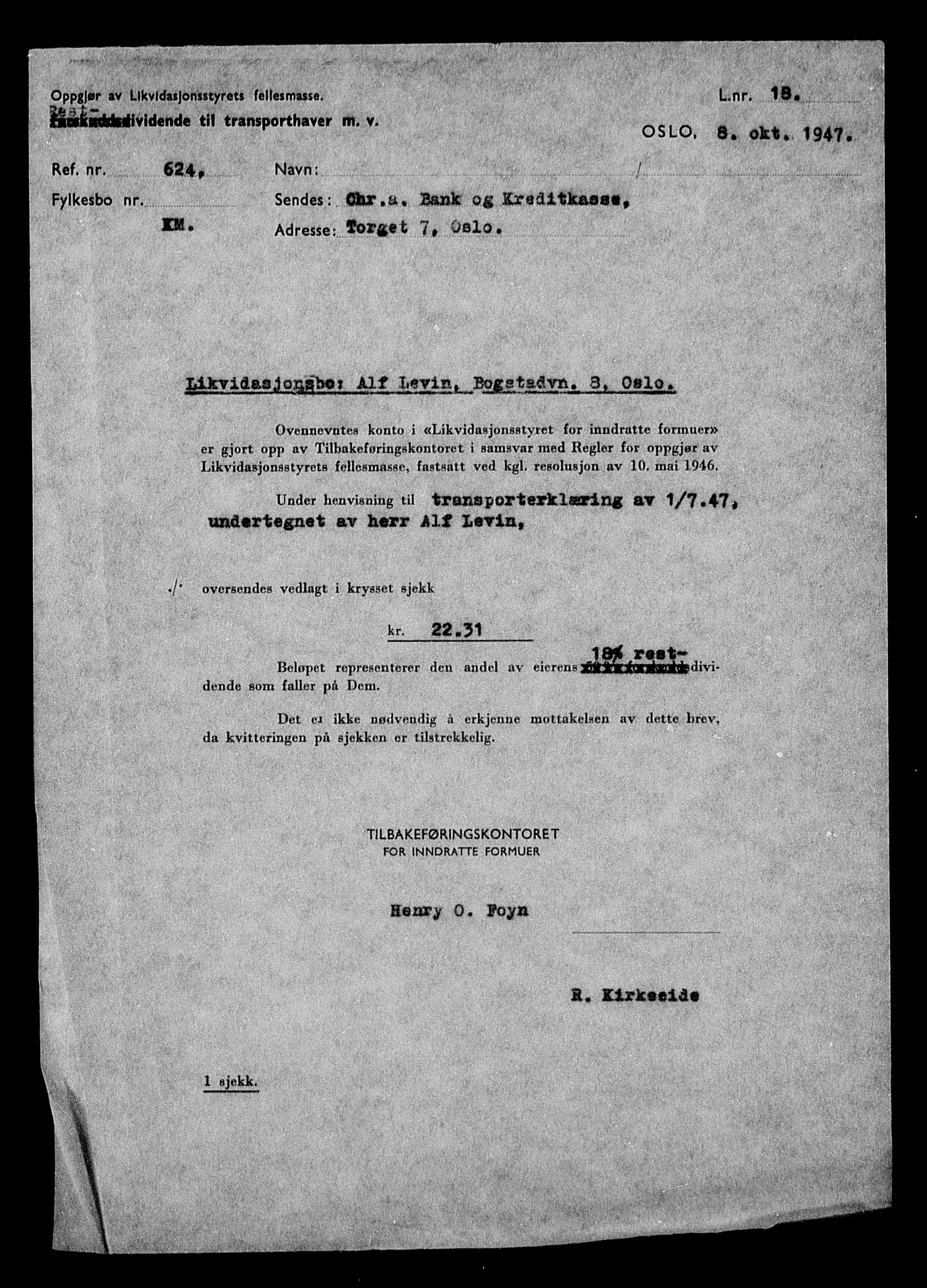 Justisdepartementet, Tilbakeføringskontoret for inndratte formuer, AV/RA-S-1564/H/Hc/Hcc/L0957: --, 1945-1947, p. 10