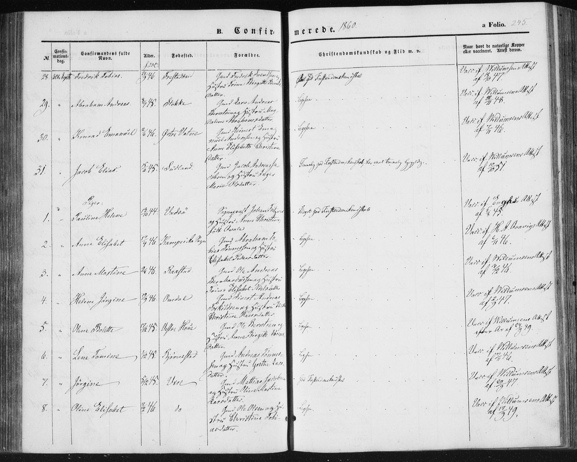 Lista sokneprestkontor, AV/SAK-1111-0027/F/Fa/L0010: Parish register (official) no. A 10, 1846-1861, p. 245