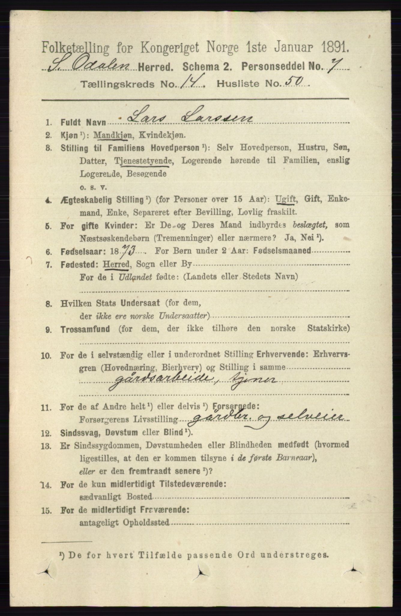 RA, 1891 census for 0419 Sør-Odal, 1891, p. 6354