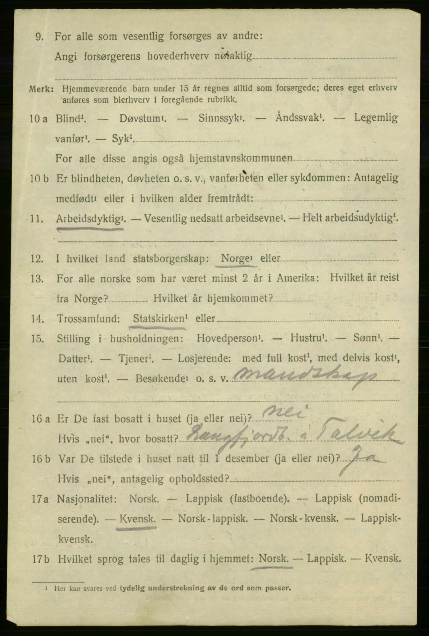 SATØ, 1920 census for Talvik, 1920, p. 4053