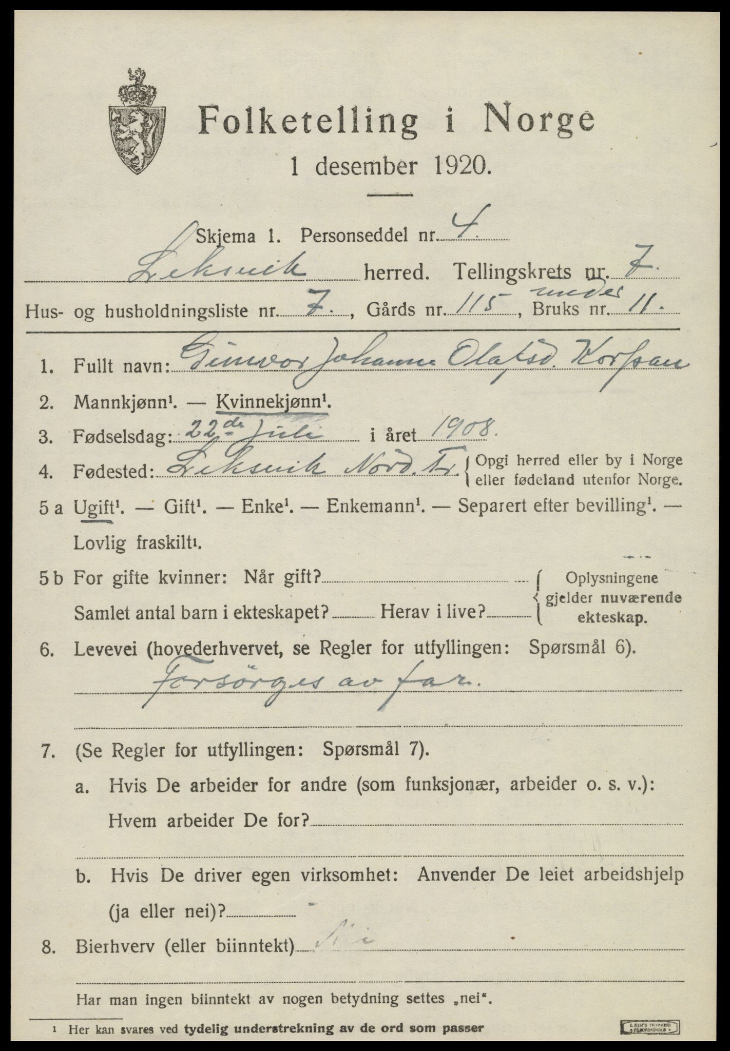 SAT, 1920 census for Leksvik, 1920, p. 6128