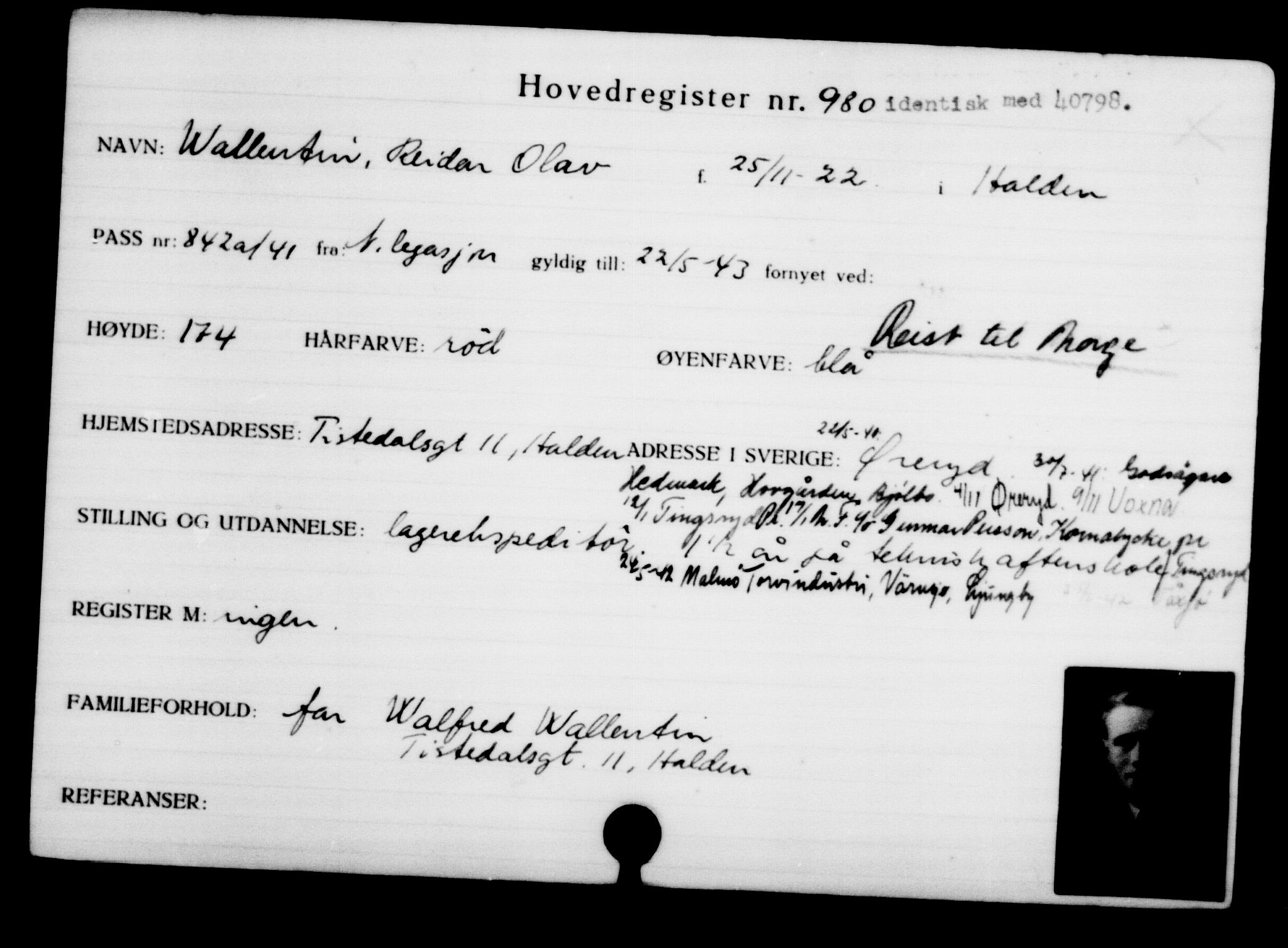 Utenriksstasjonene, Legasjonen i Stockholm, Flyktningkontoret, AV/RA-S-6753/V/Va/L0001: Kjesäterkartoteket, flyktninger med registreringsnr. 1-1000, 1940-1945, p. 1521