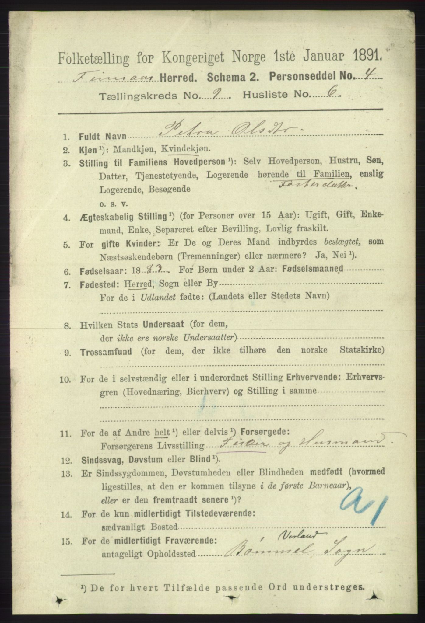 RA, 1891 census for 1218 Finnås, 1891, p. 3969