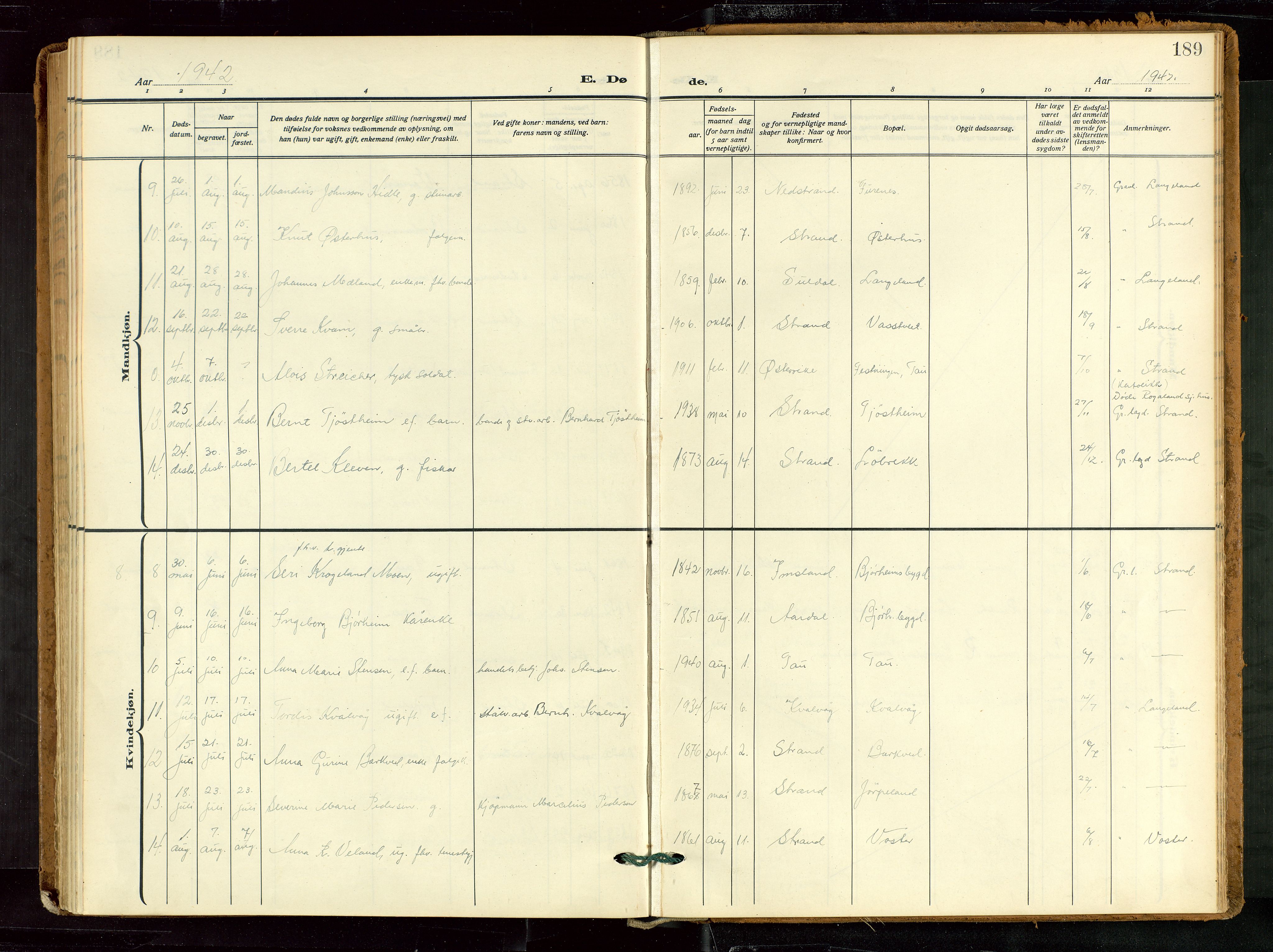 Strand sokneprestkontor, AV/SAST-A-101828/H/Ha/Haa/L0012: Parish register (official) no. A 12, 1927-1946, p. 189