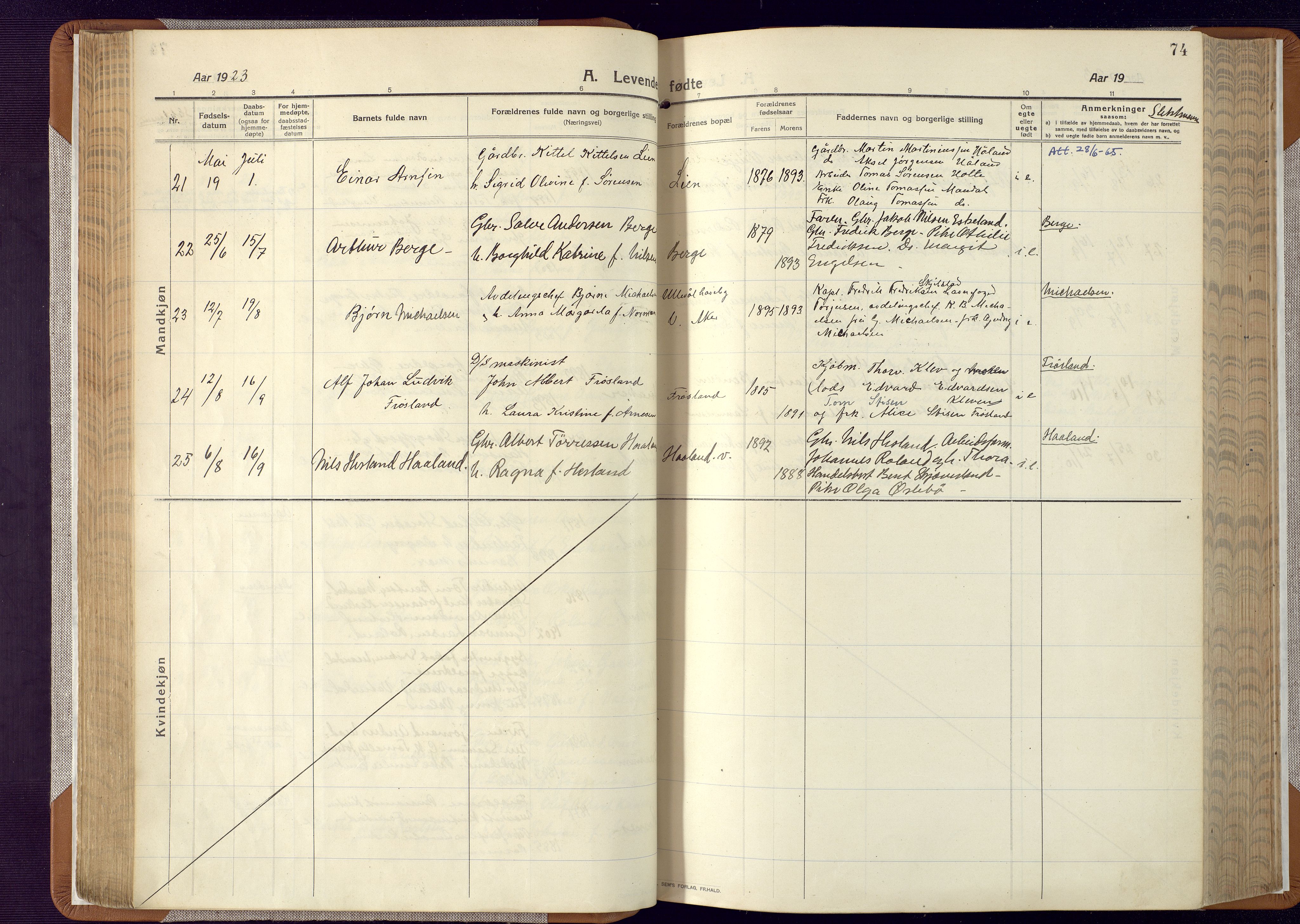 Mandal sokneprestkontor, AV/SAK-1111-0030/F/Fa/Faa/L0022: Parish register (official) no. A 22, 1913-1925, p. 74