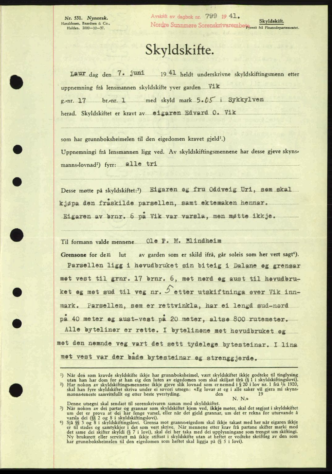 Nordre Sunnmøre sorenskriveri, AV/SAT-A-0006/1/2/2C/2Ca: Mortgage book no. A11, 1941-1941, Diary no: : 799/1941