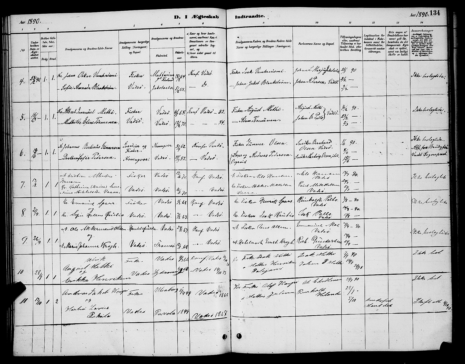 Vadsø sokneprestkontor, SATØ/S-1325/H/Hb/L0004klokker: Parish register (copy) no. 4, 1885-1895, p. 134