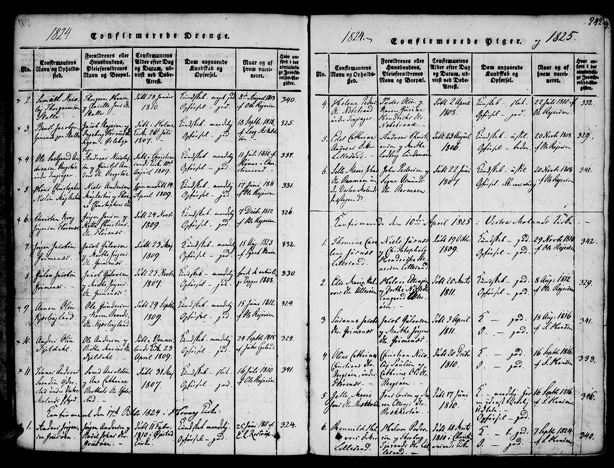 Vestre Moland sokneprestkontor, SAK/1111-0046/F/Fa/Fab/L0003: Parish register (official) no. A 3, 1816-1843, p. 242