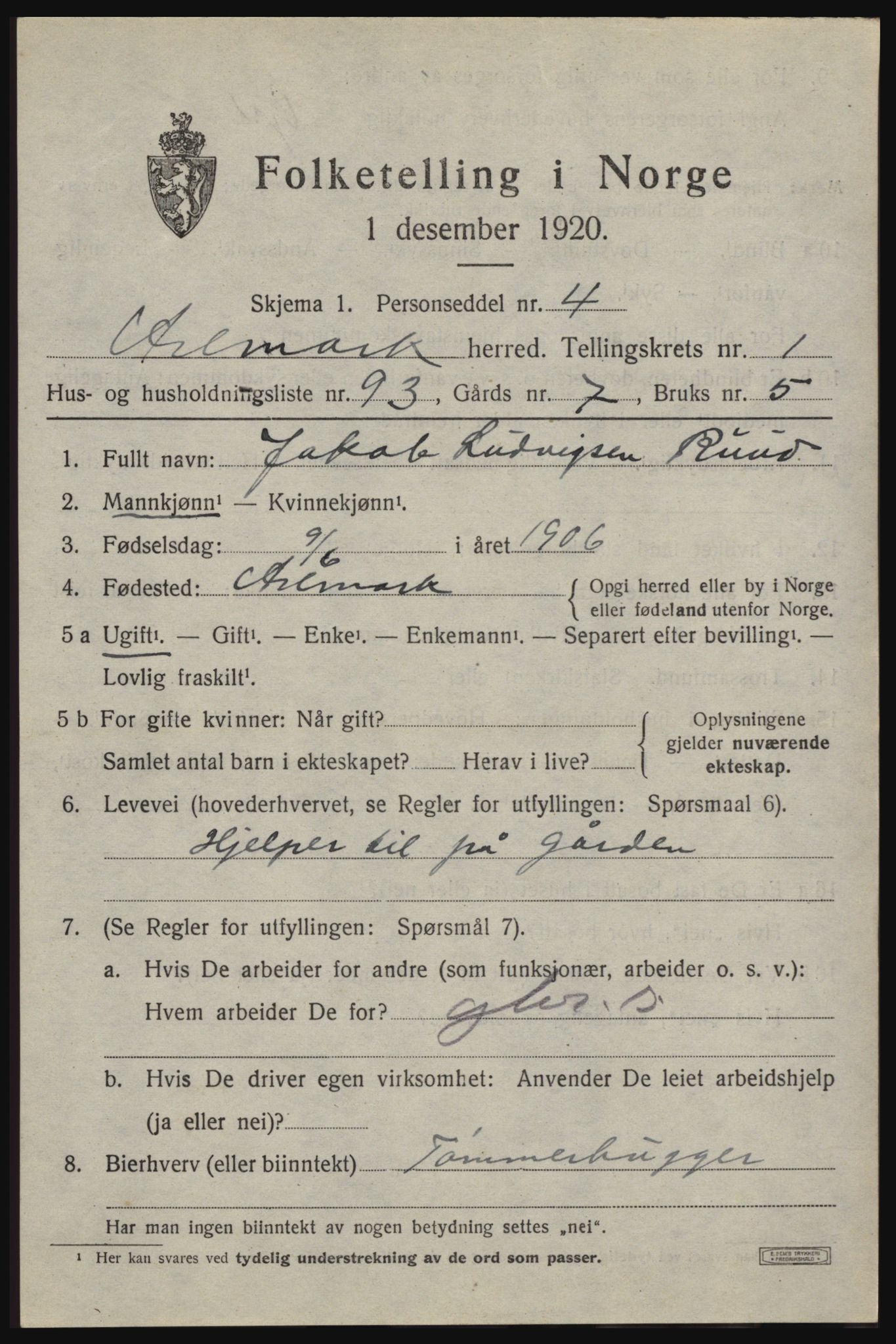 SAO, 1920 census for Aremark, 1920, p. 1601