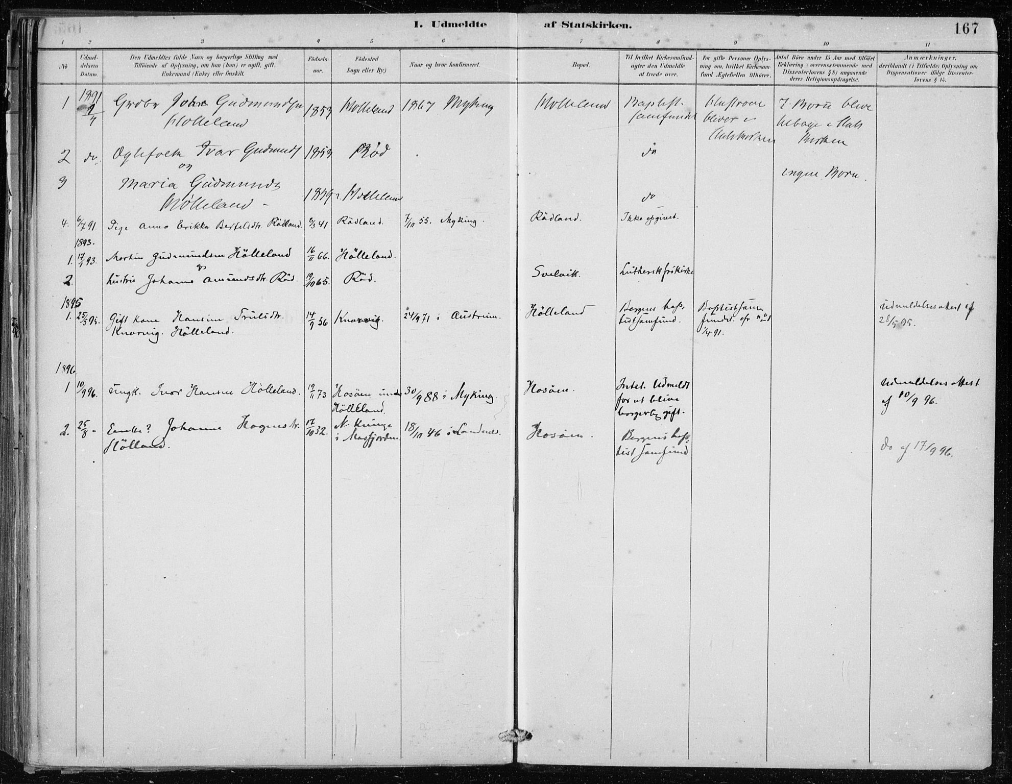 Lindås Sokneprestembete, SAB/A-76701/H/Haa: Parish register (official) no. F  1, 1886-1897, p. 167