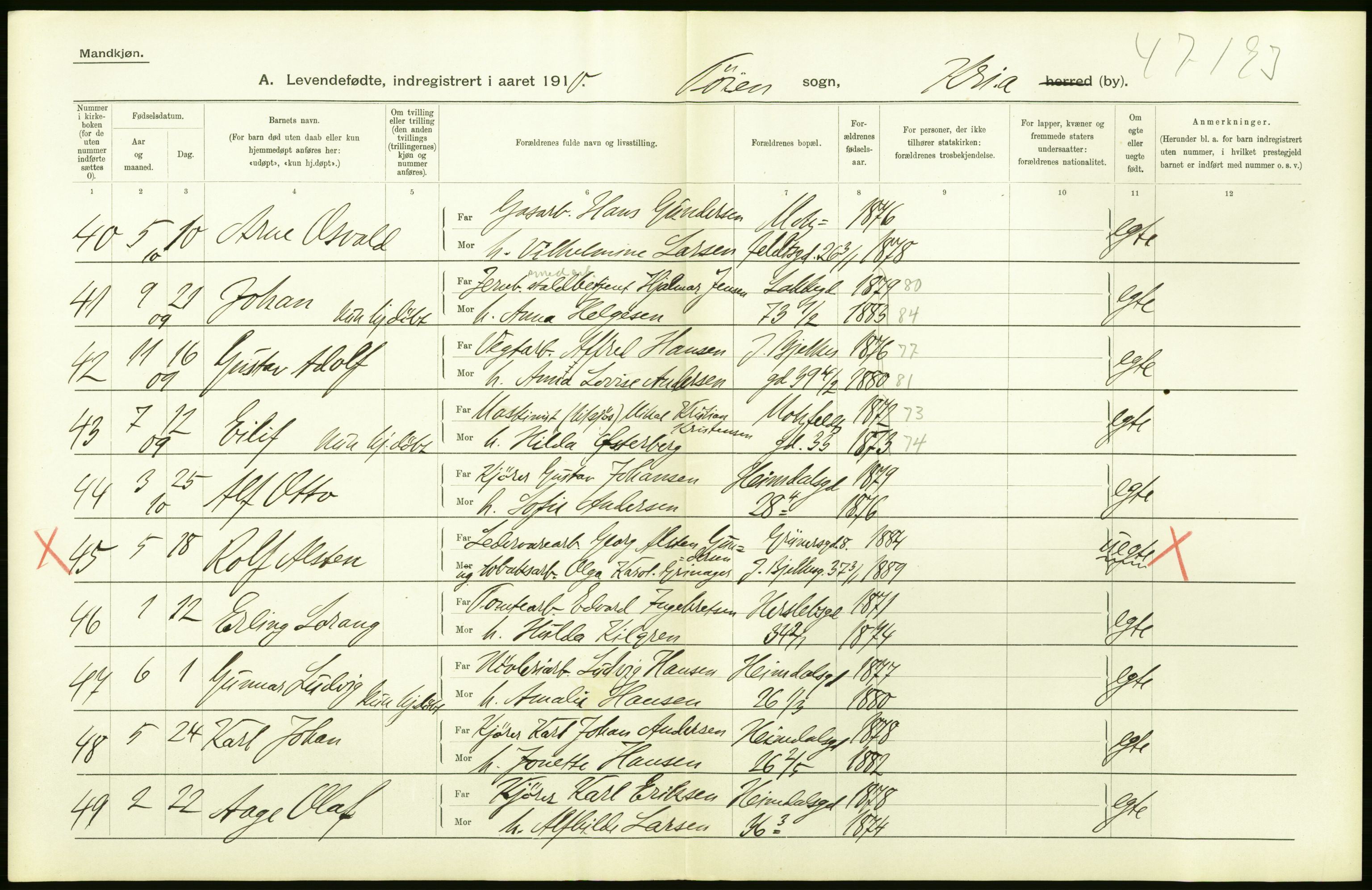 Statistisk sentralbyrå, Sosiodemografiske emner, Befolkning, AV/RA-S-2228/D/Df/Dfa/Dfah/L0006: Kristiania: Levendefødte menn., 1910, p. 16