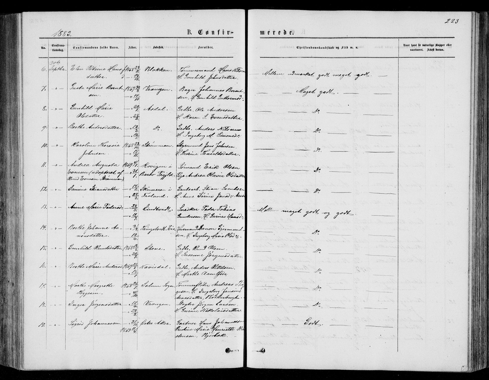 Øyestad sokneprestkontor, SAK/1111-0049/F/Fb/L0008: Parish register (copy) no. B 8, 1872-1886, p. 223