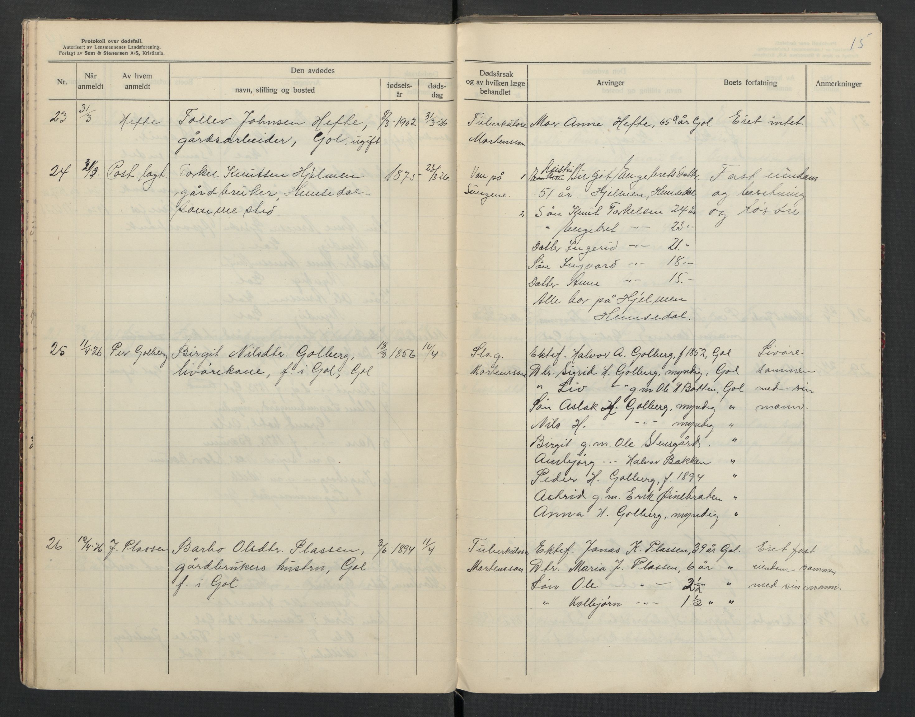 Gol og Hemsedal lensmannskontor, AV/SAKO-A-510/H/Ha/L0001: Dødsfallsprotokoll, 1925-1933, p. 15