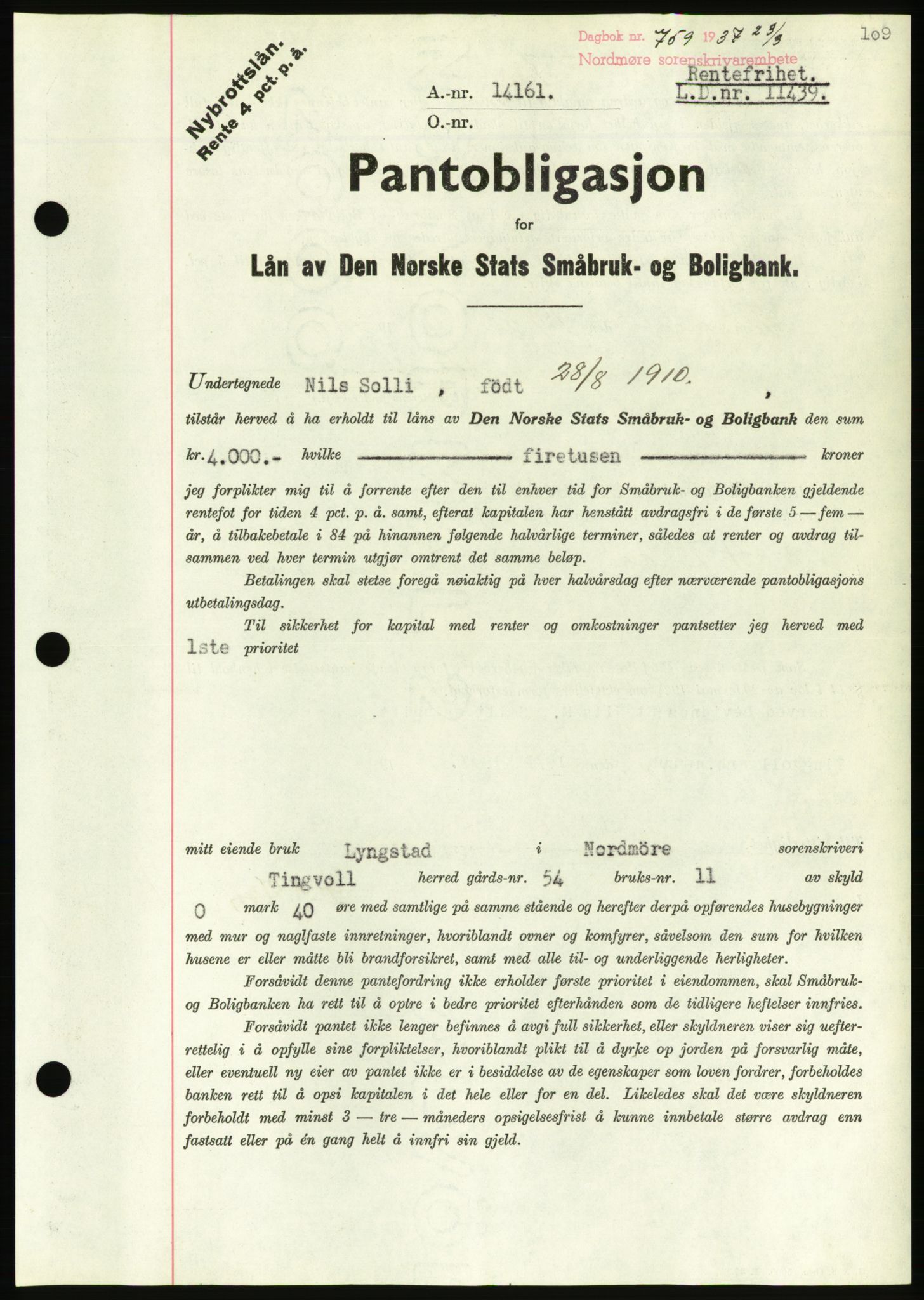 Nordmøre sorenskriveri, AV/SAT-A-4132/1/2/2Ca/L0091: Mortgage book no. B81, 1937-1937, Diary no: : 759/1937