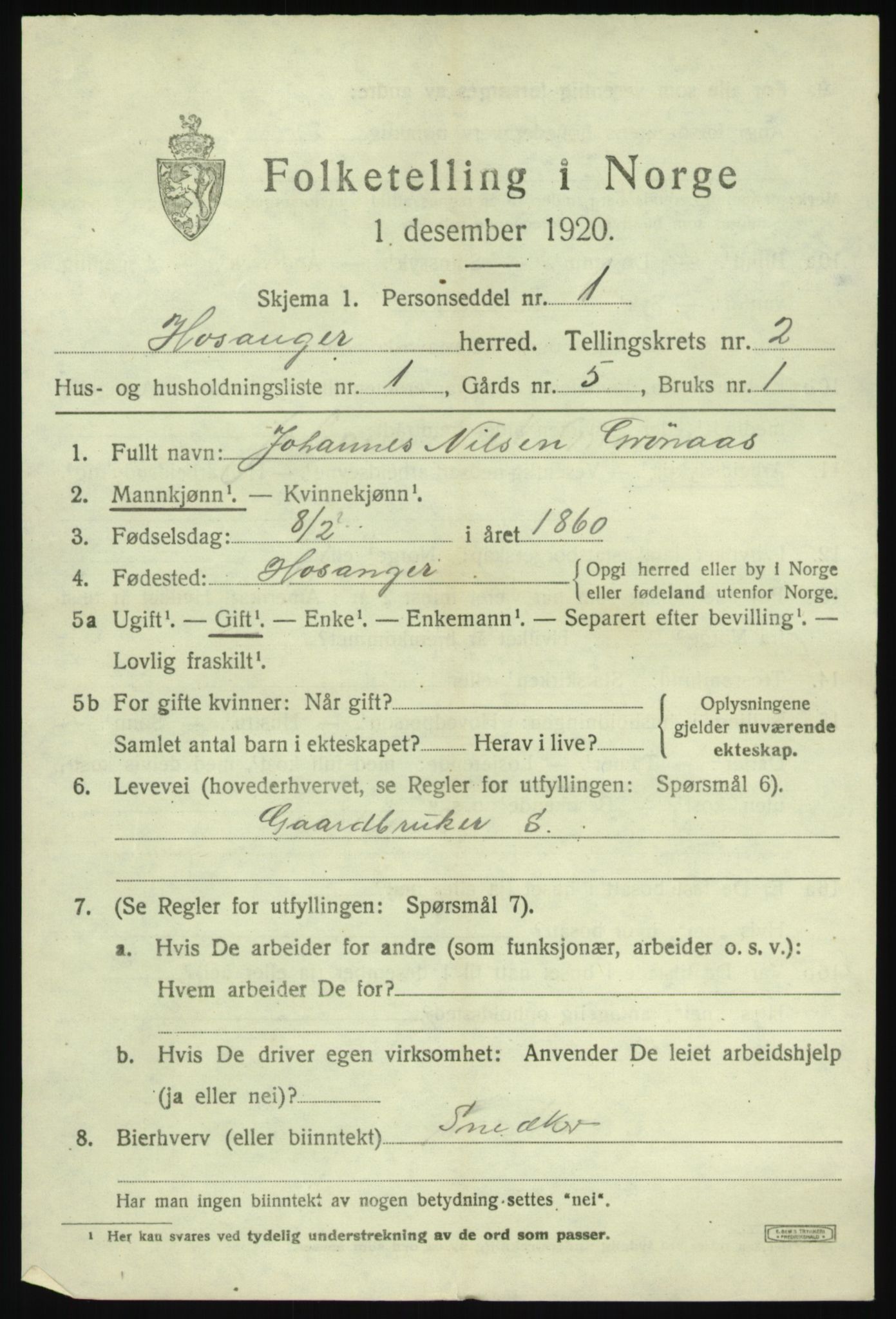 SAB, 1920 census for Hosanger, 1920, p. 1155