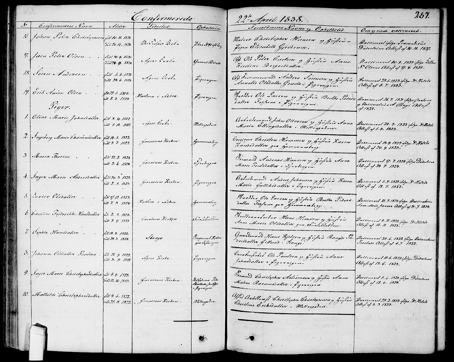 Garnisonsmenigheten Kirkebøker, AV/SAO-A-10846/G/Ga/L0004: Parish register (copy) no. 4, 1828-1840, p. 287