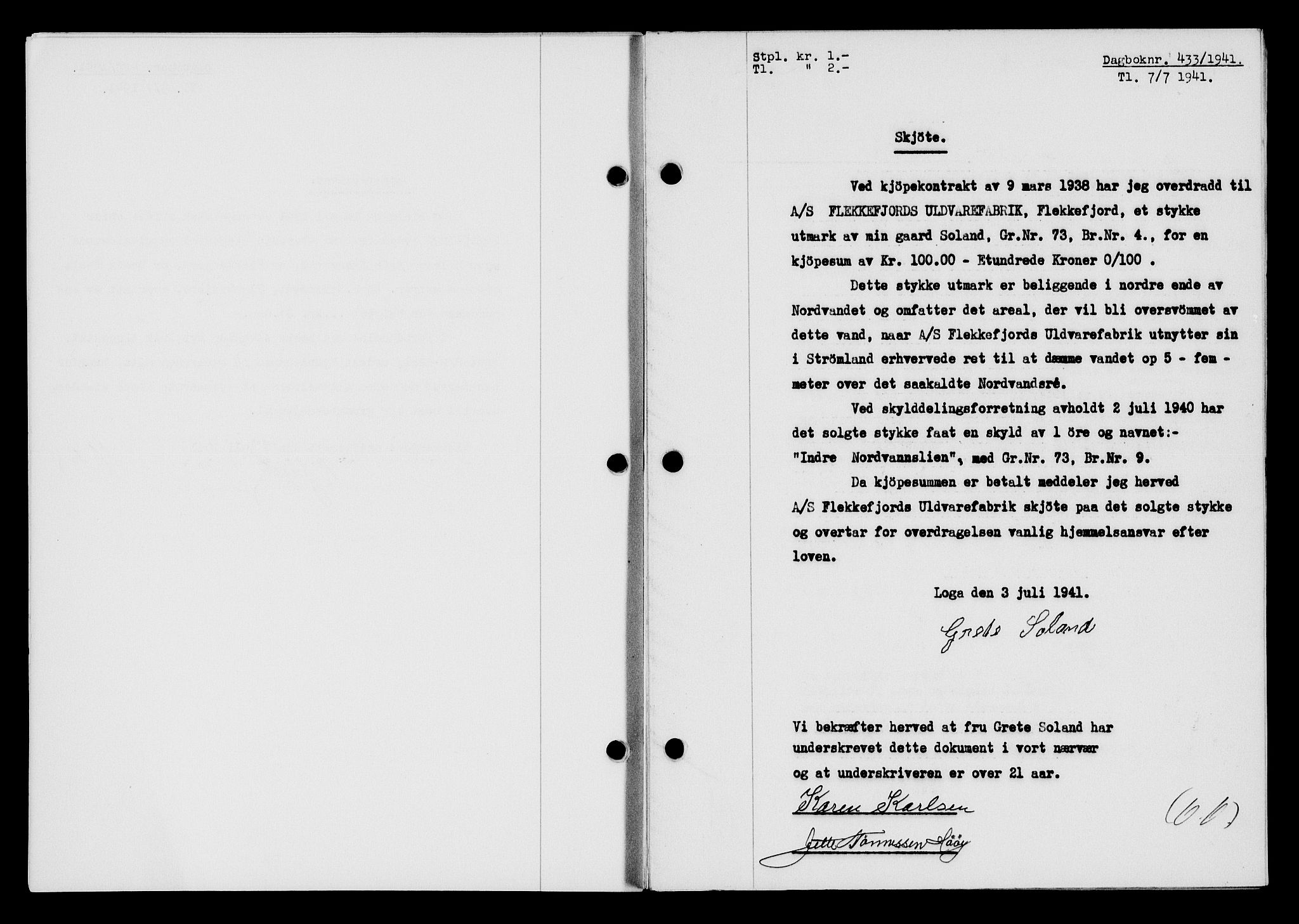 Flekkefjord sorenskriveri, SAK/1221-0001/G/Gb/Gba/L0057: Mortgage book no. A-5, 1941-1942, Diary no: : 433/1941