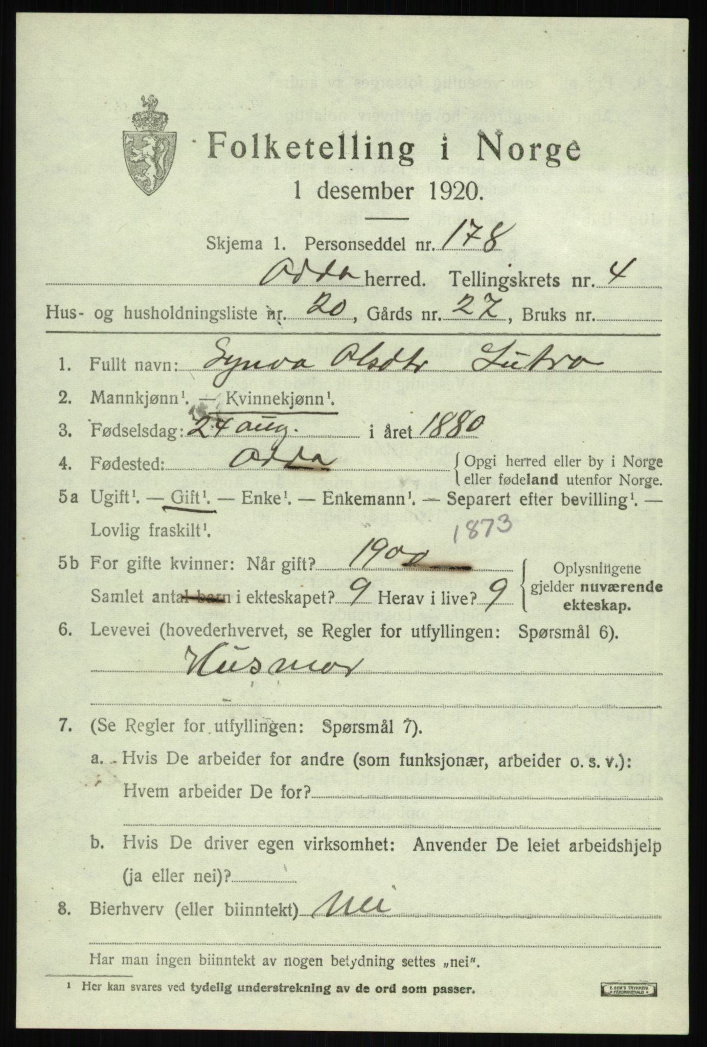 SAB, 1920 census for Odda, 1920, p. 2927