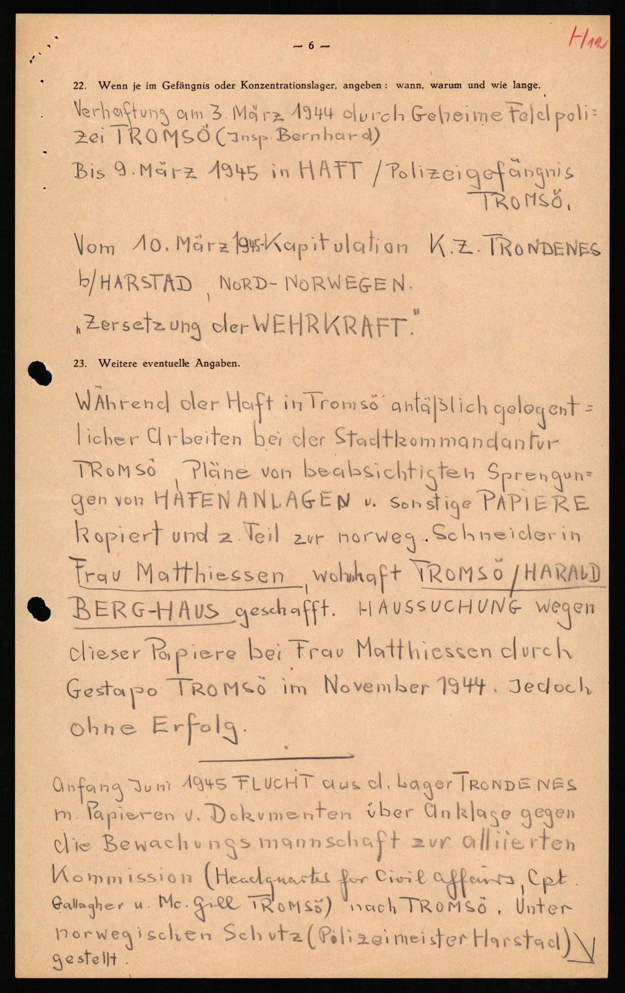Forsvaret, Forsvarets overkommando II, AV/RA-RAFA-3915/D/Db/L0012: CI Questionaires. Tyske okkupasjonsstyrker i Norge. Tyskere., 1945-1946, p. 7
