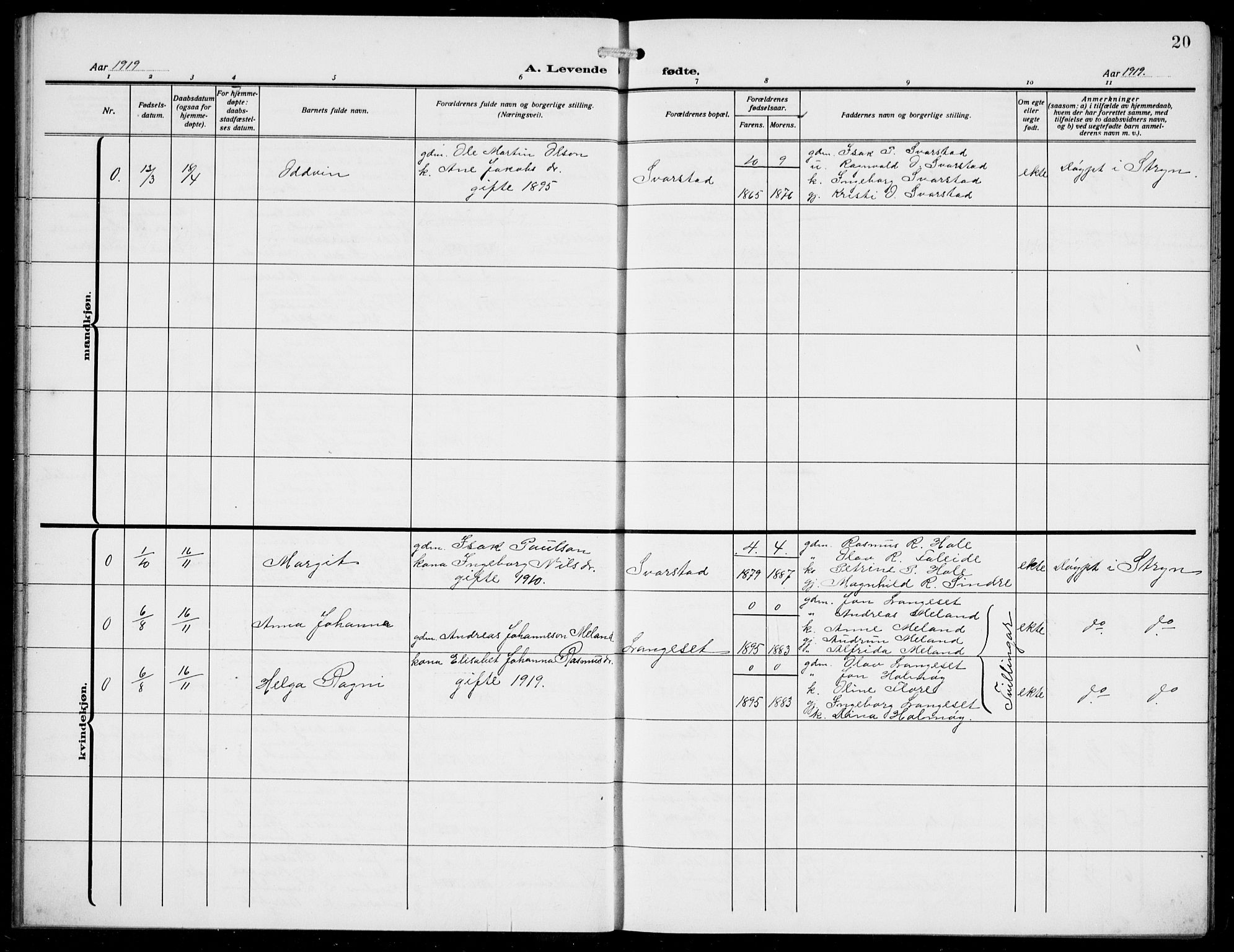 Innvik sokneprestembete, AV/SAB-A-80501: Parish register (copy) no. A 4, 1913-1936, p. 20