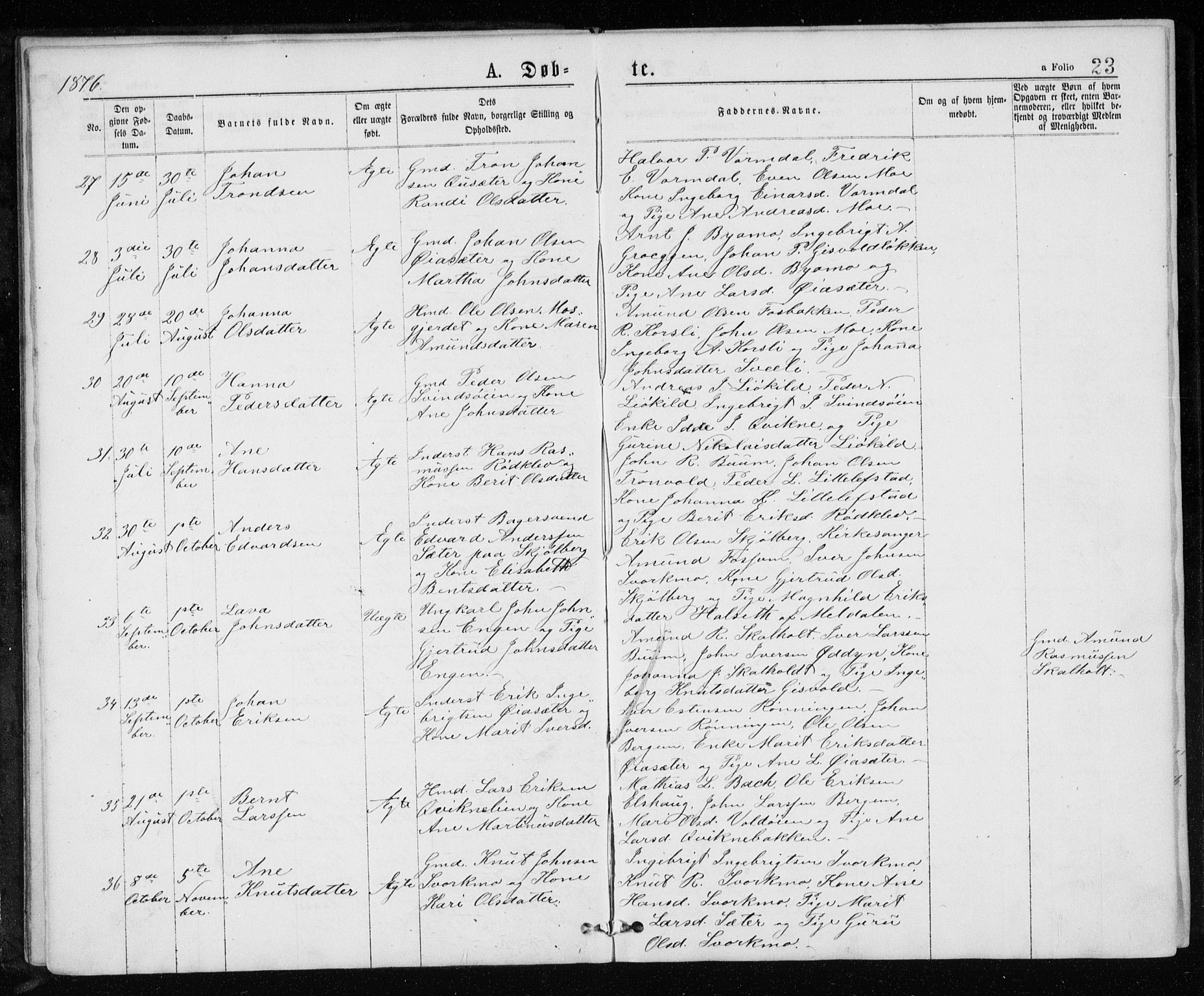 Ministerialprotokoller, klokkerbøker og fødselsregistre - Sør-Trøndelag, SAT/A-1456/671/L0843: Parish register (copy) no. 671C02, 1873-1892, p. 23