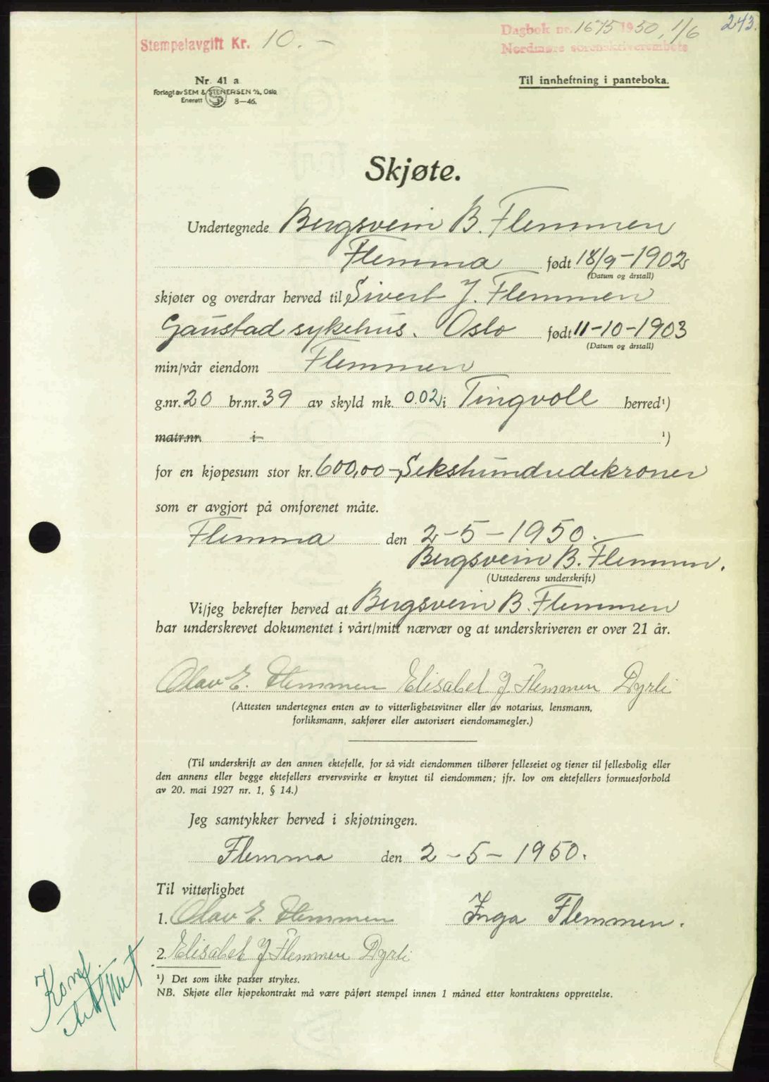 Nordmøre sorenskriveri, AV/SAT-A-4132/1/2/2Ca: Mortgage book no. A115, 1950-1950, Diary no: : 1675/1950