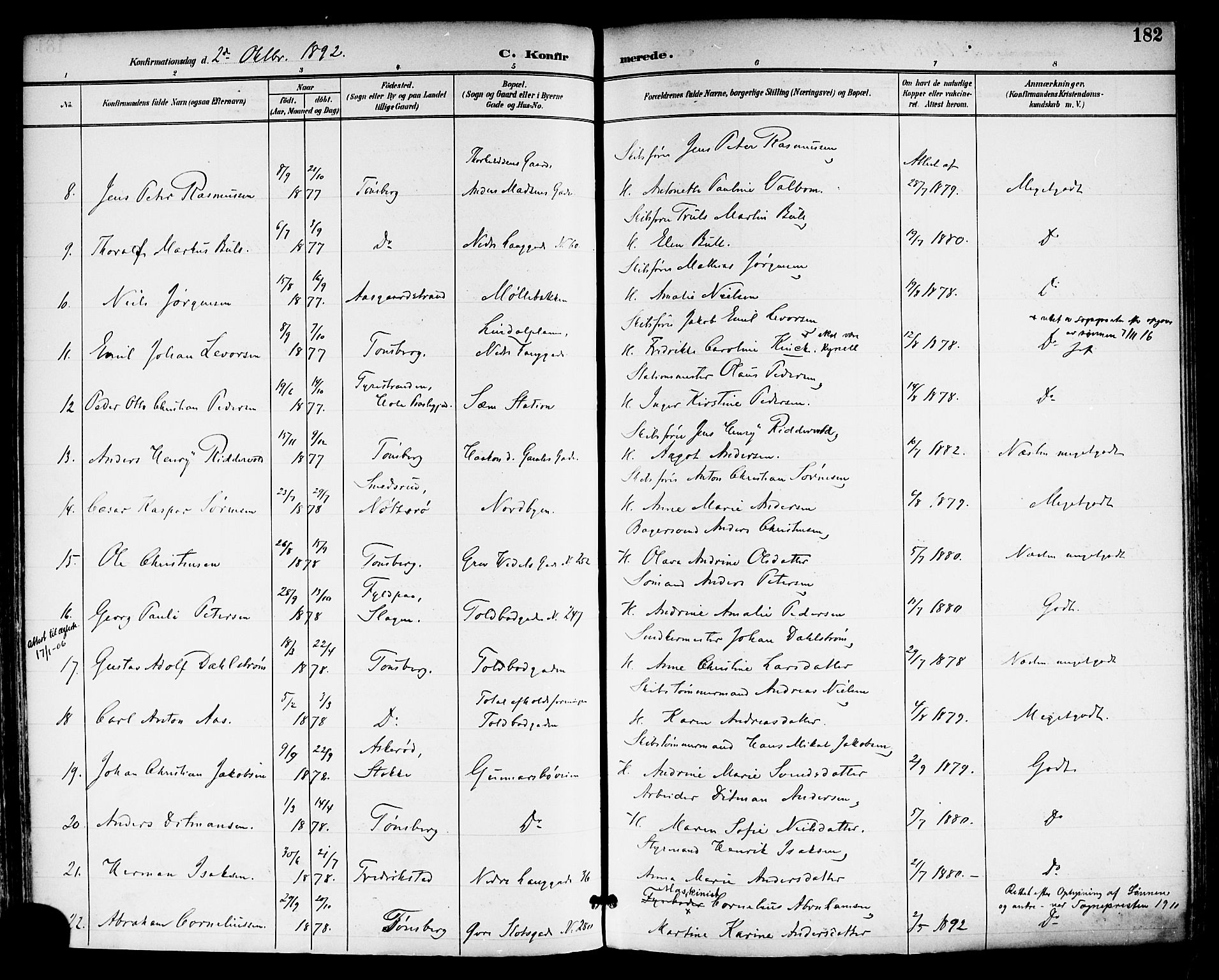Tønsberg kirkebøker, SAKO/A-330/F/Fa/L0012: Parish register (official) no. I 12, 1891-1899, p. 182