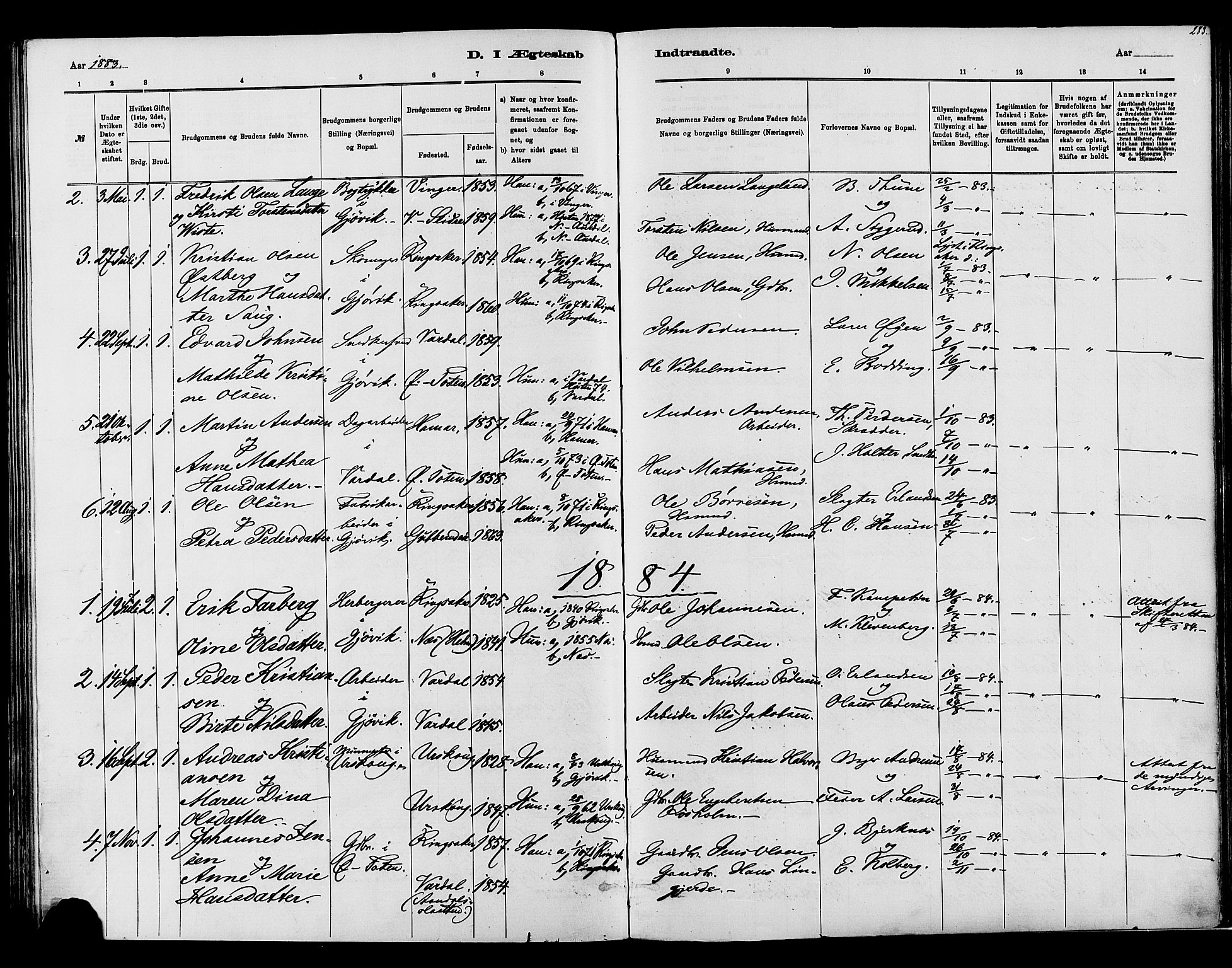 Vardal prestekontor, SAH/PREST-100/H/Ha/Haa/L0008: Parish register (official) no. 8, 1878-1890, p. 283