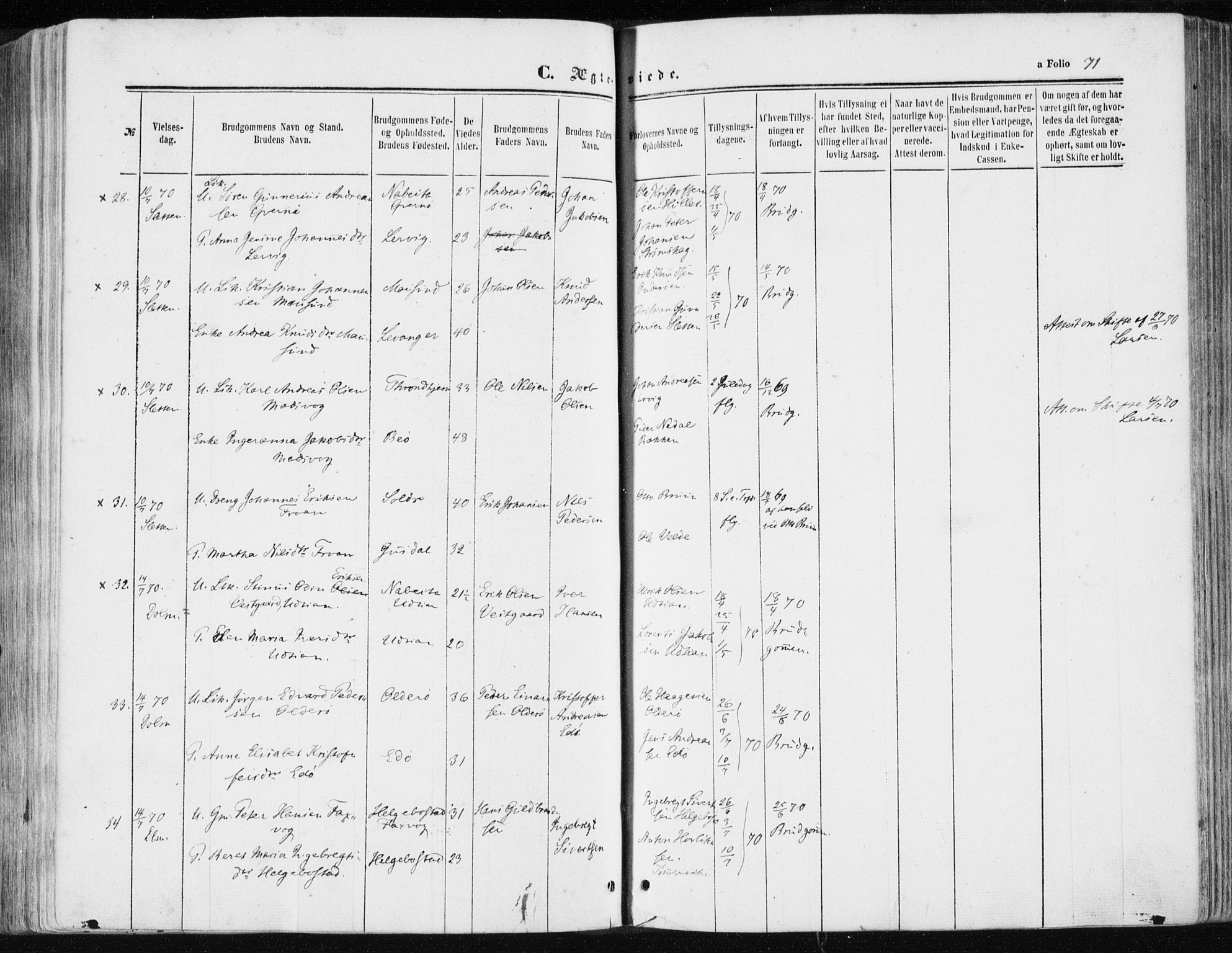 Ministerialprotokoller, klokkerbøker og fødselsregistre - Sør-Trøndelag, AV/SAT-A-1456/634/L0531: Parish register (official) no. 634A07, 1861-1870, p. 71