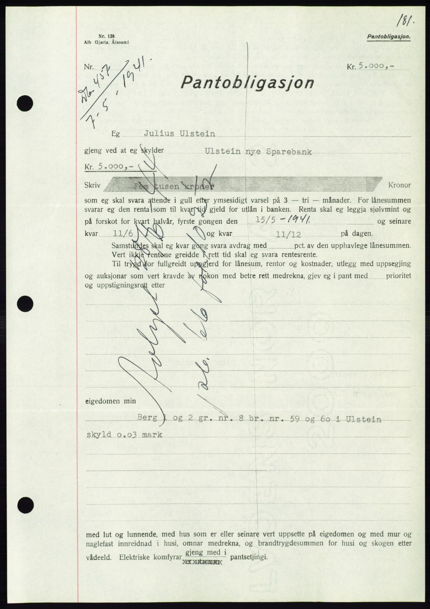 Søre Sunnmøre sorenskriveri, AV/SAT-A-4122/1/2/2C/L0071: Mortgage book no. 65, 1941-1941, Diary no: : 457/1941