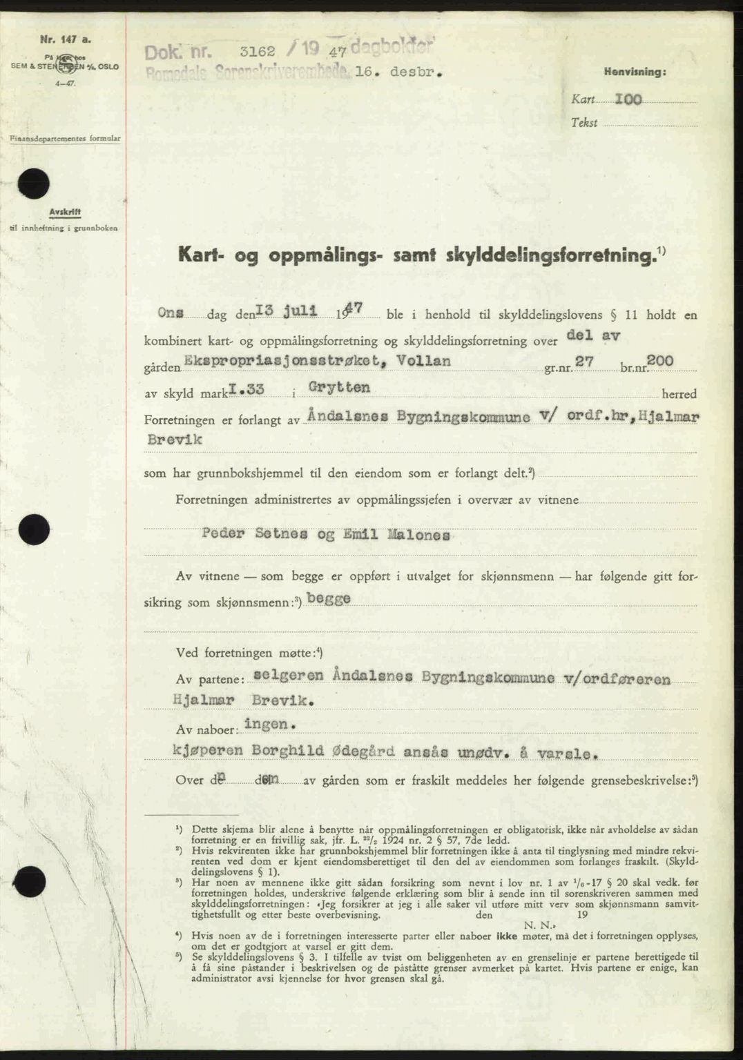 Romsdal sorenskriveri, SAT/A-4149/1/2/2C: Mortgage book no. A24, 1947-1947, Diary no: : 3162/1947