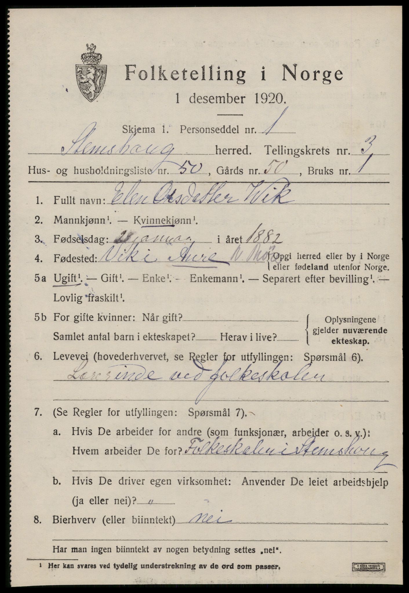 SAT, 1920 census for Stemshaug, 1920, p. 1586