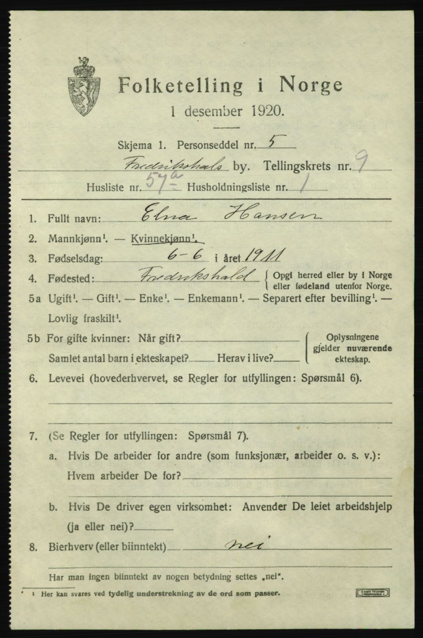 SAO, 1920 census for Fredrikshald, 1920, p. 17365