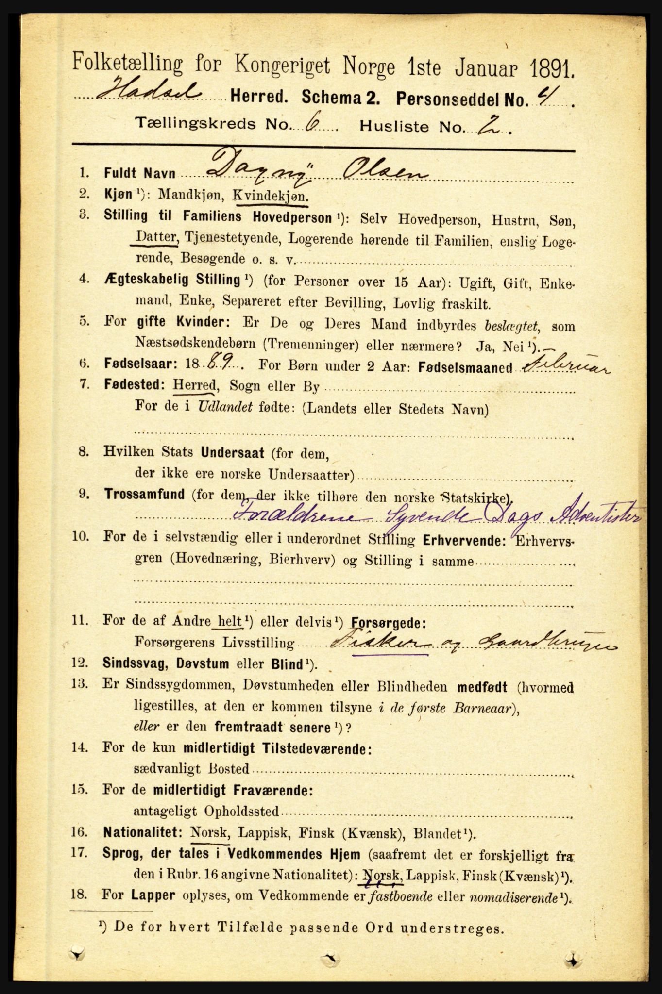 RA, 1891 census for 1866 Hadsel, 1891, p. 2646