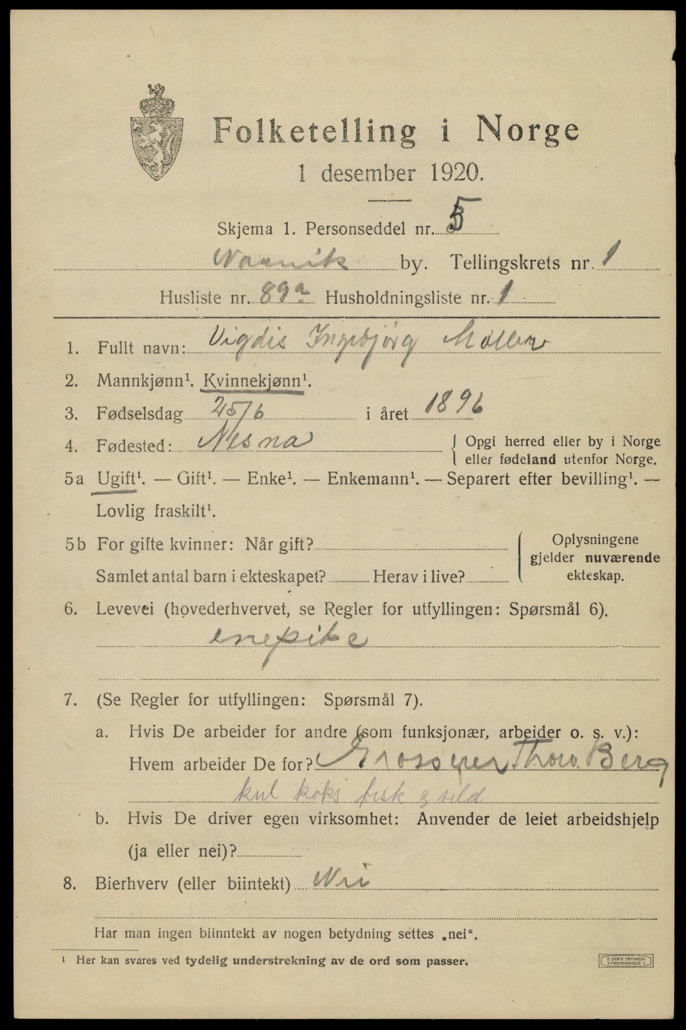 SAT, 1920 census for Narvik, 1920, p. 5792