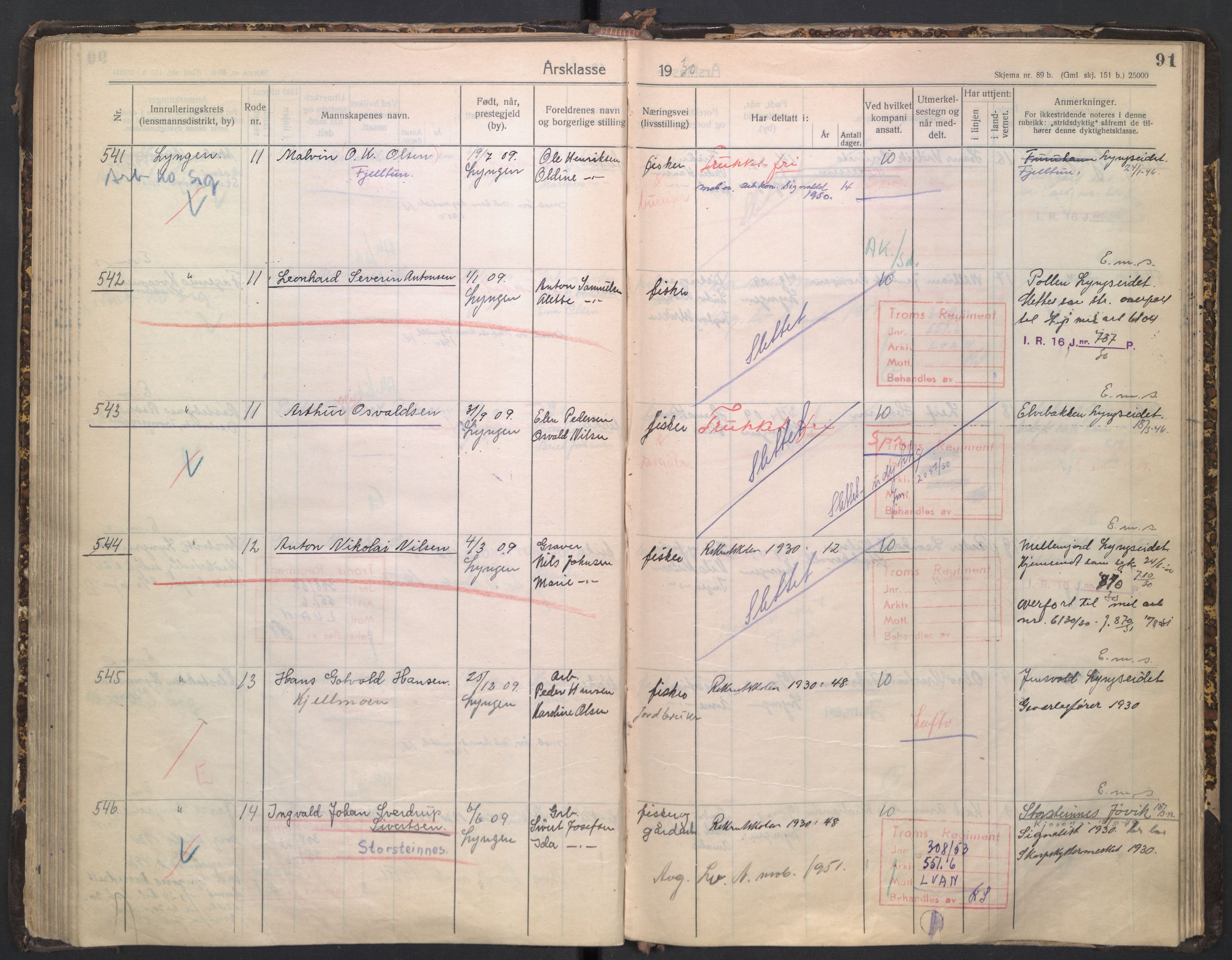 Forsvaret, Troms infanteriregiment nr. 16, AV/RA-RAFA-3146/P/Pa/L0005/0003: Ruller / Rulle for regimentets stridende menige mannskaper, årsklasse 1930, 1930, p. 91