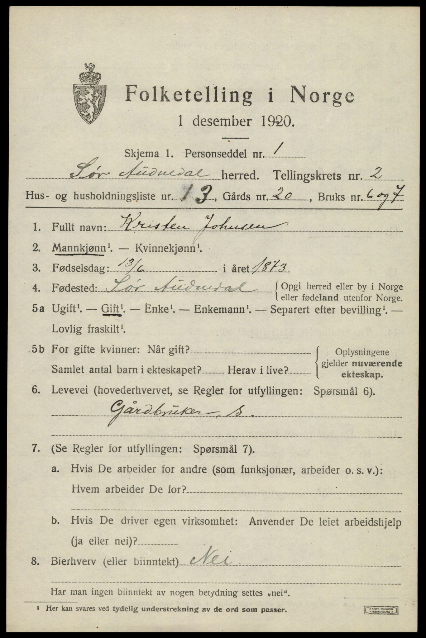 SAK, 1920 census for Sør-Audnedal, 1920, p. 1597