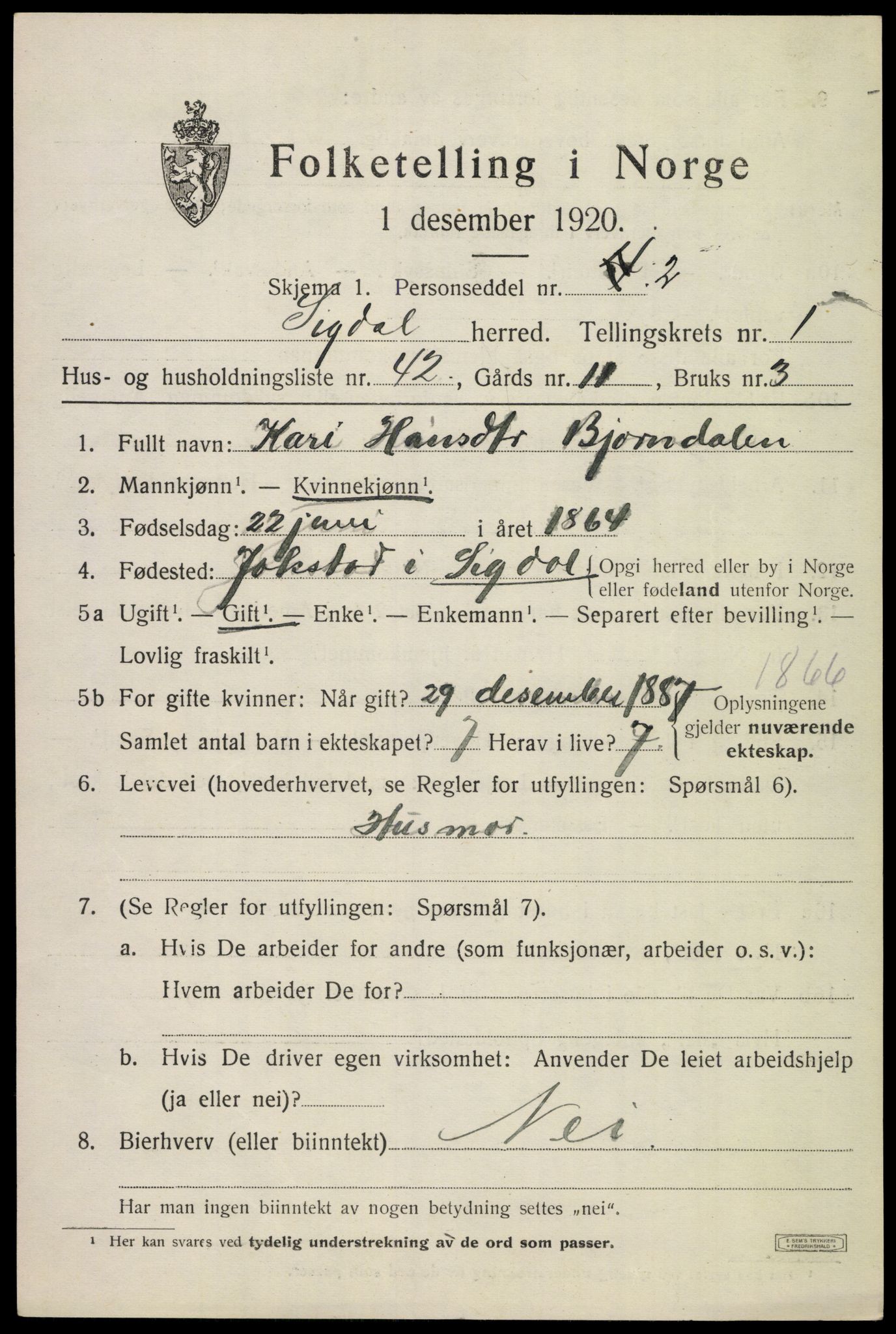 SAKO, 1920 census for Sigdal, 1920, p. 1904