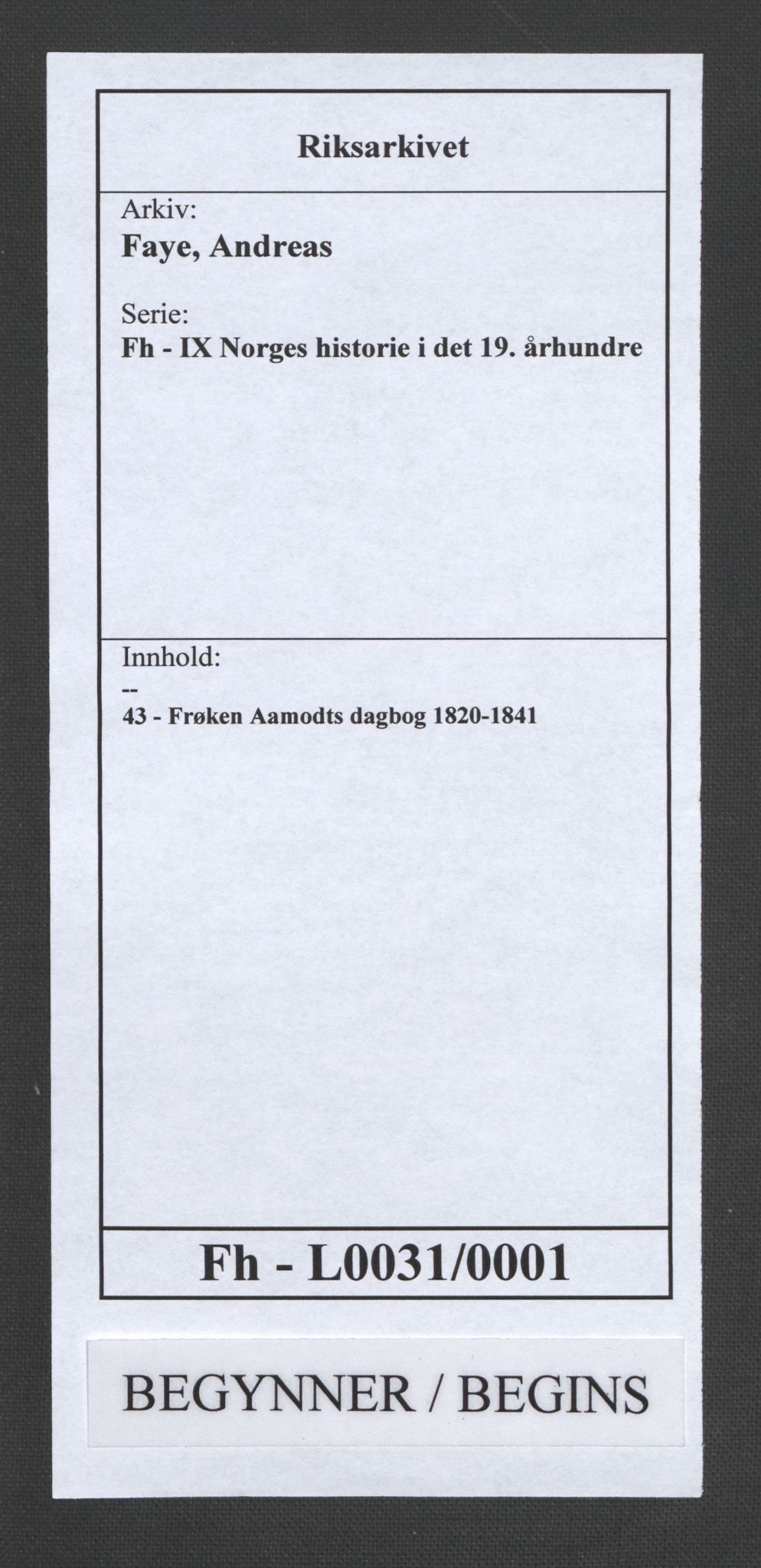 Faye, Andreas, AV/RA-PA-0015/F/Fh/L0031/0001: -- / Frøken Aamodts dagbog 1820-1841, p. 1