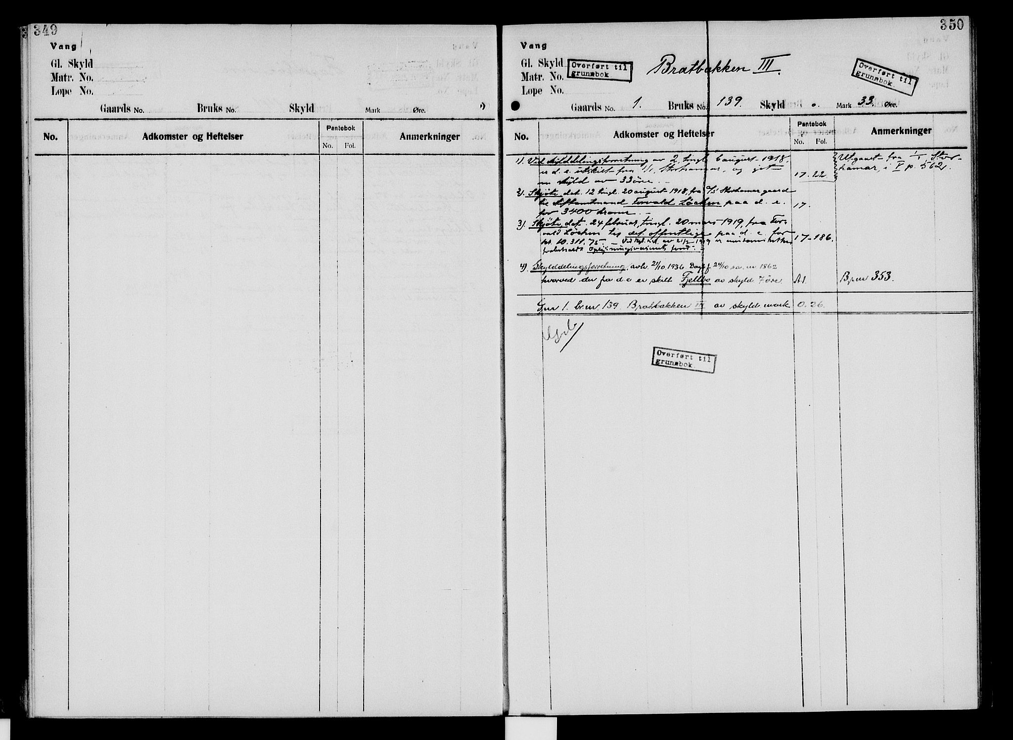 Nord-Hedmark sorenskriveri, SAH/TING-012/H/Ha/Had/Hade/L0005: Mortgage register no. 4.5, 1916-1940, p. 349-350