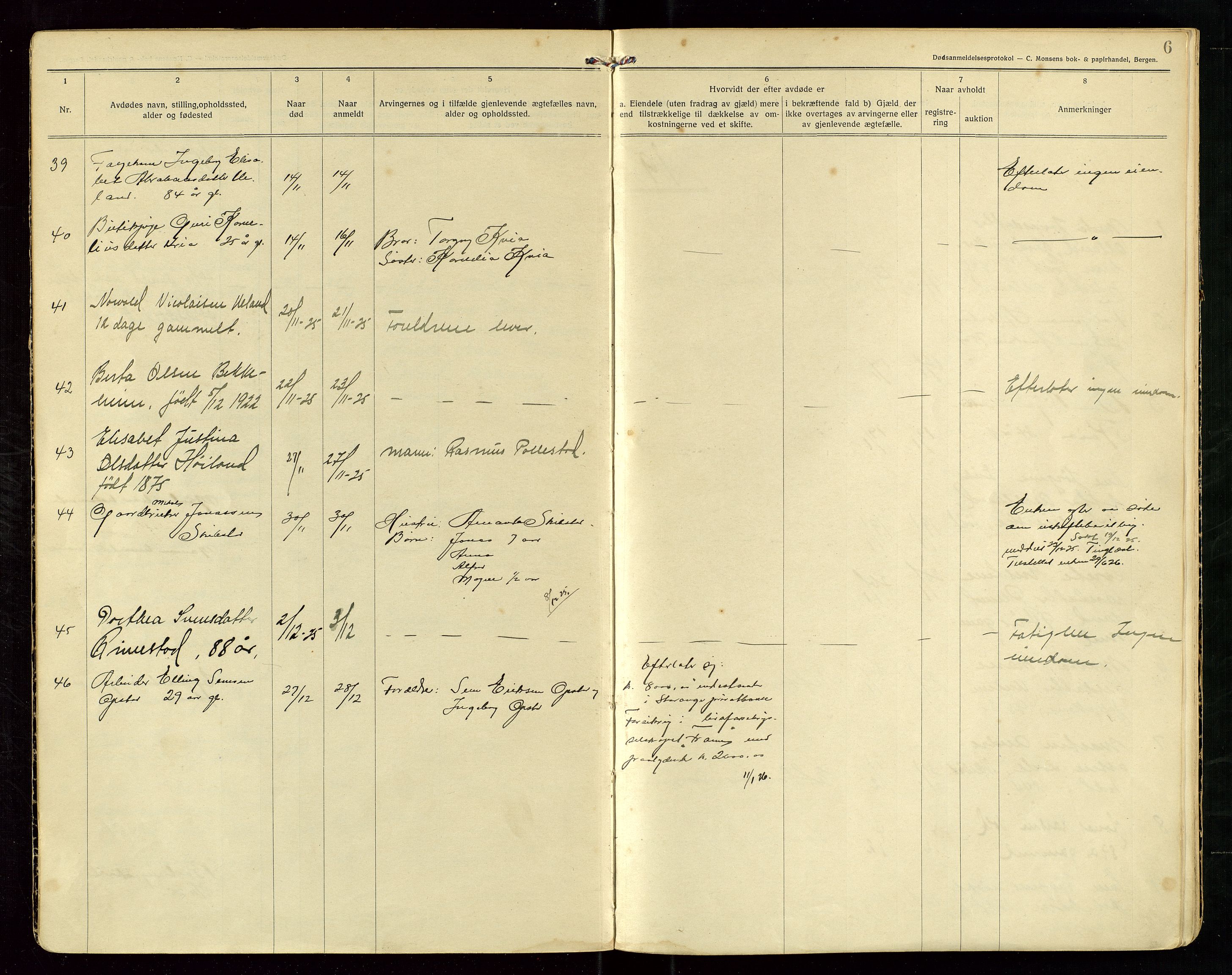 Hå lensmannskontor, AV/SAST-A-100456/Gga/L0003: Dødsfallsprotokoll, 1925-1931, p. 6