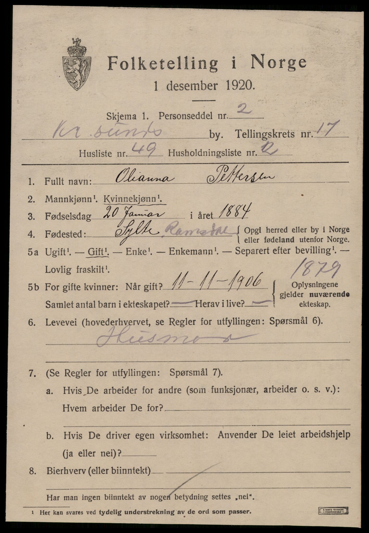 SAT, 1920 census for Kristiansund, 1920, p. 36967