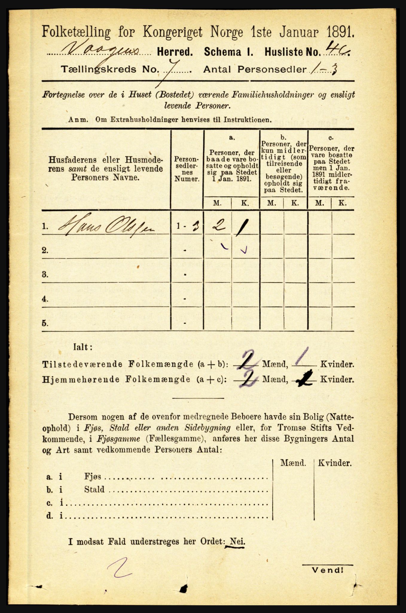 RA, 1891 census for 1865 Vågan, 1891, p. 1808